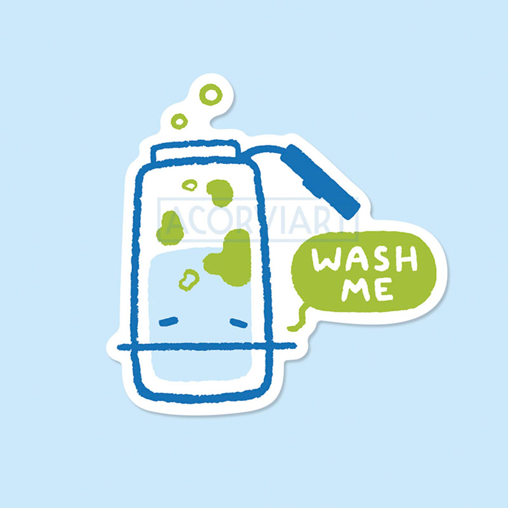 mockup of a sticker of a water bottle covered in mold and saying "wash me"