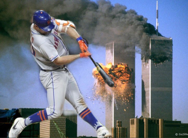 A picture of Pete Alonso hitting the twin towers with a bat on 9/11.