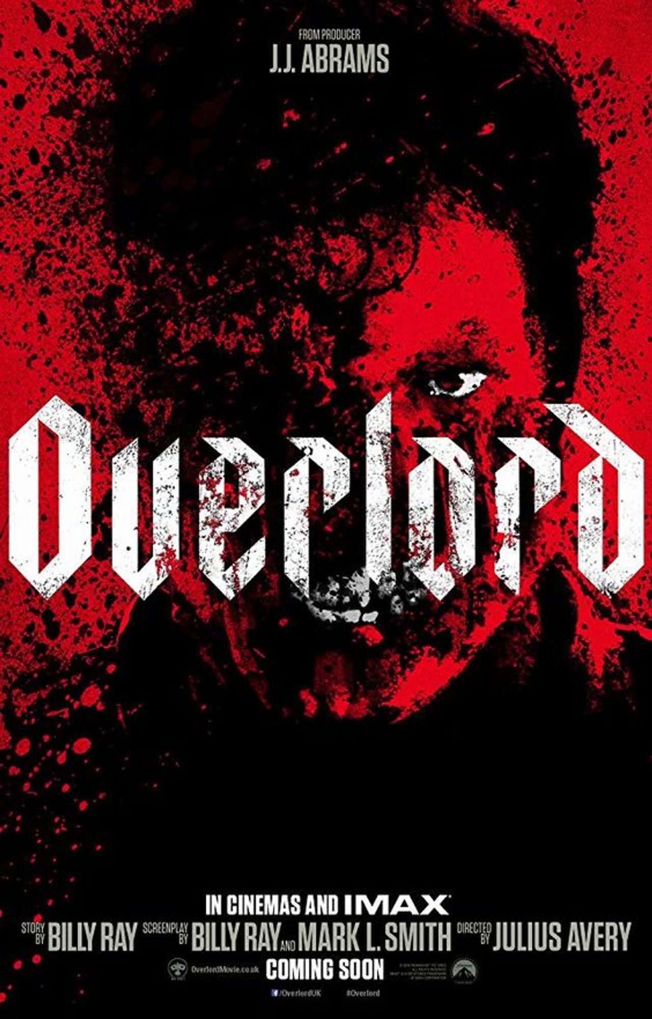 Overlord (2018) movie poster, bright red background, black splatter ink impression of a man's face, mostly in blurred. His eye and teeth are in a striking white that stands out against the red. The text overlaid in the center reads Overlord