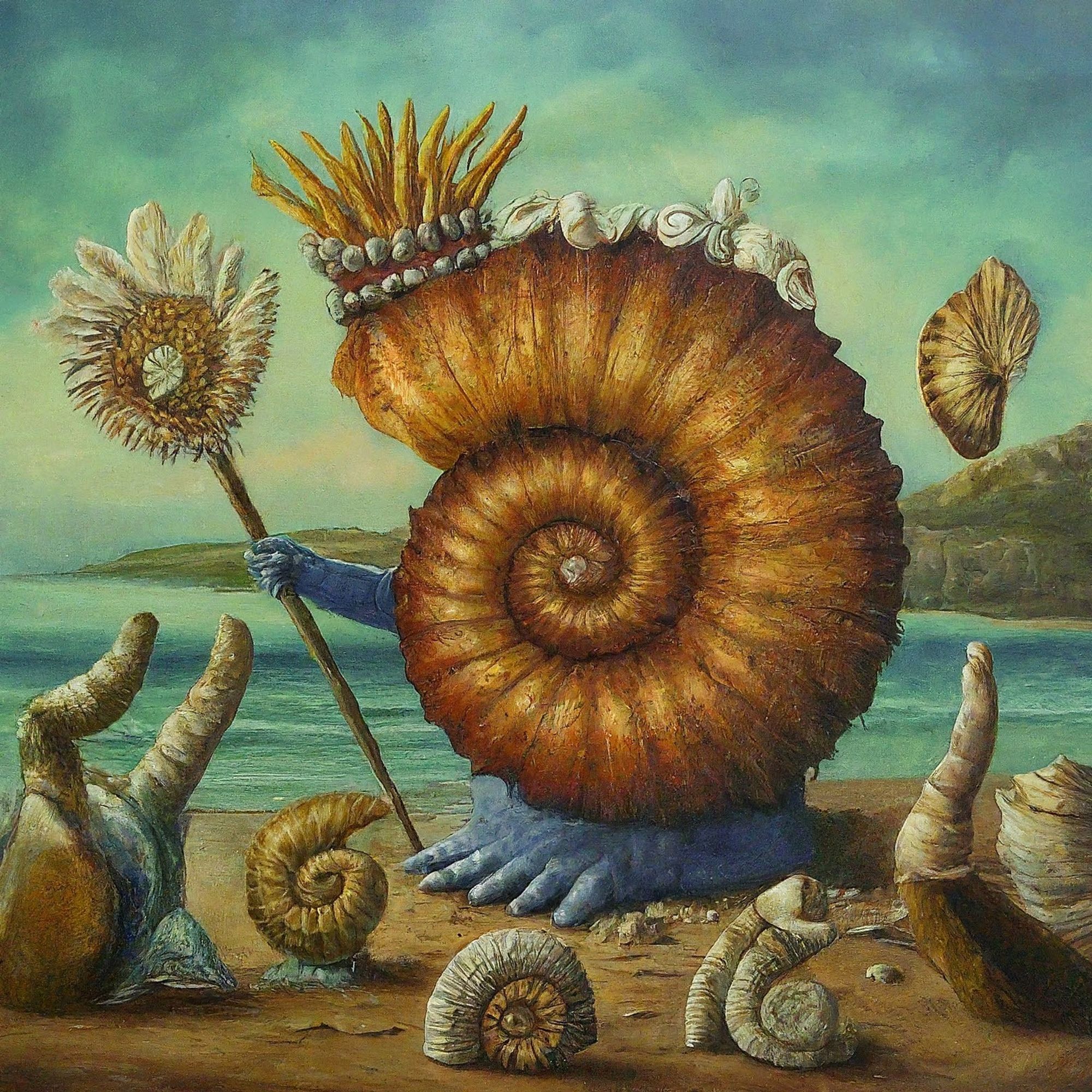 AI generated image of an ammonite shell on a weird pillow-like throne with five feet, holding a spiral scepter in its random blue human arm, wearing a crown, with smaller ammonite shells scattered around it.