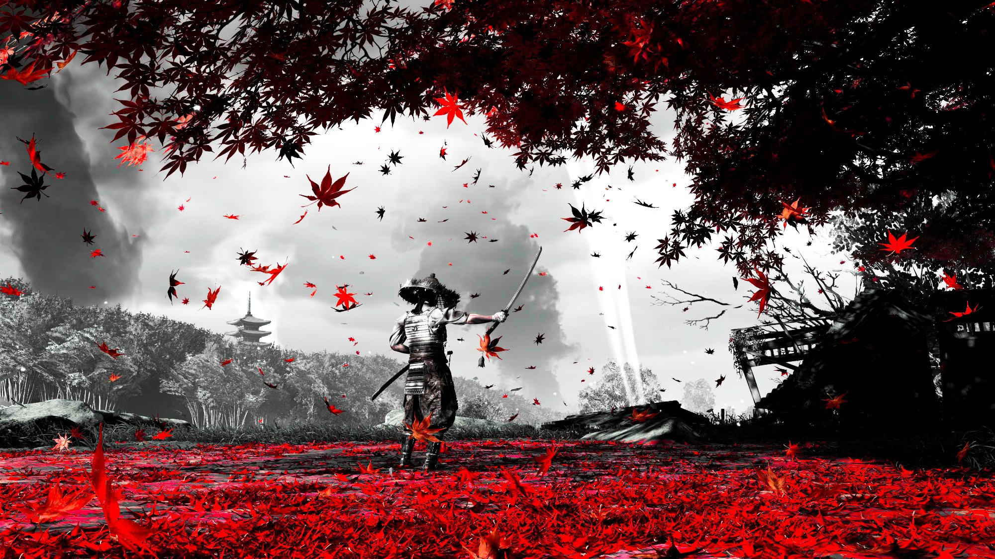 Jin Sakai from Ghost of Tsushima brandishing his katana amongst red leaves with smoke clouds in the distance