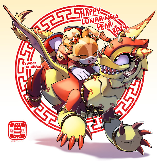 A piece of fanart celebrating Lunar New Year 2024, year of the dragon. It features the Sonic characters Cream the Rabbit and Trip the Sungazer, both wearing red and gold apparel to celebrate the occasion.