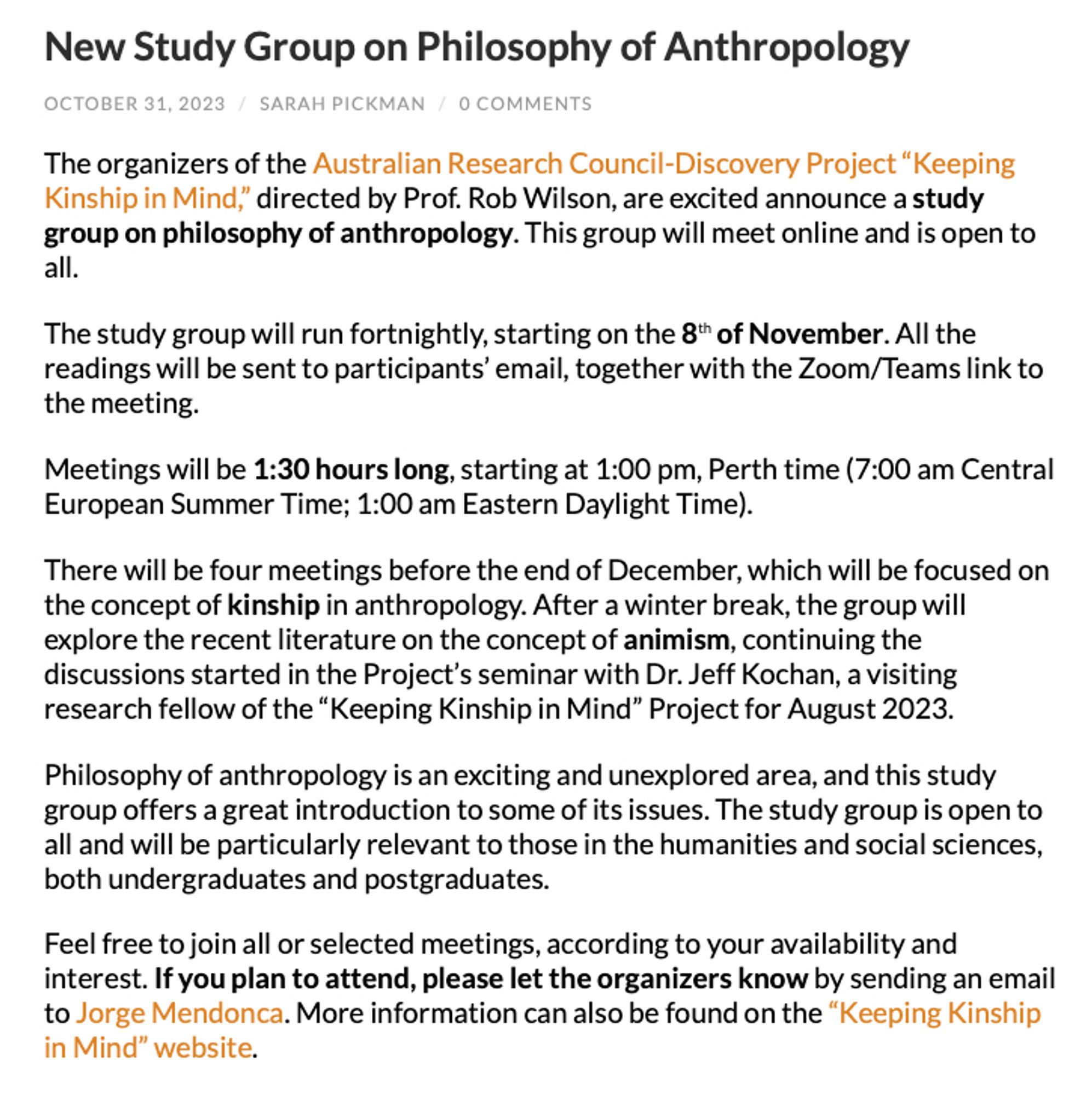 New Study Group on Philosophy of Anthropology Announcement - History of Anthropology Review