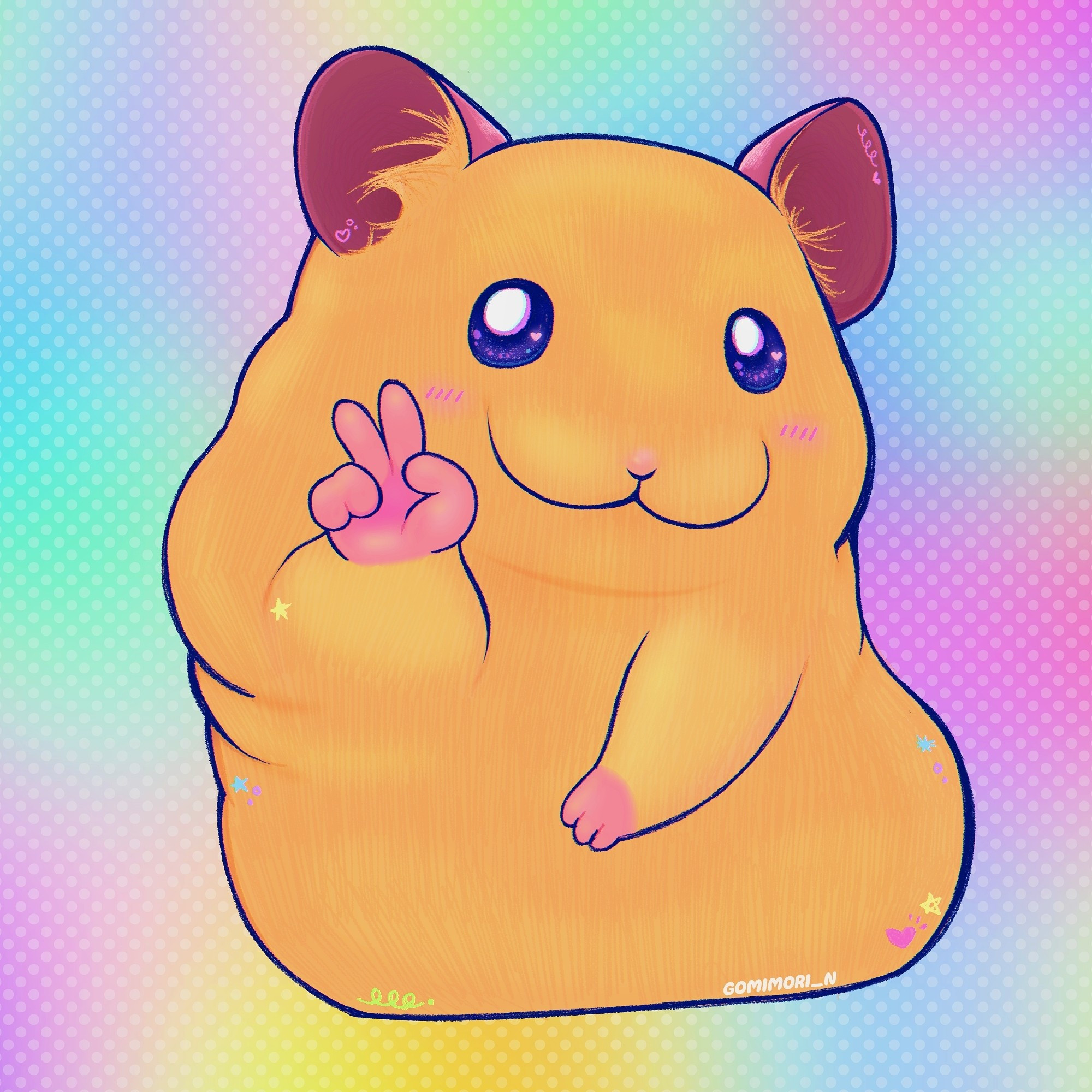 A drawing of a hamster doing a peace sign with his little hand