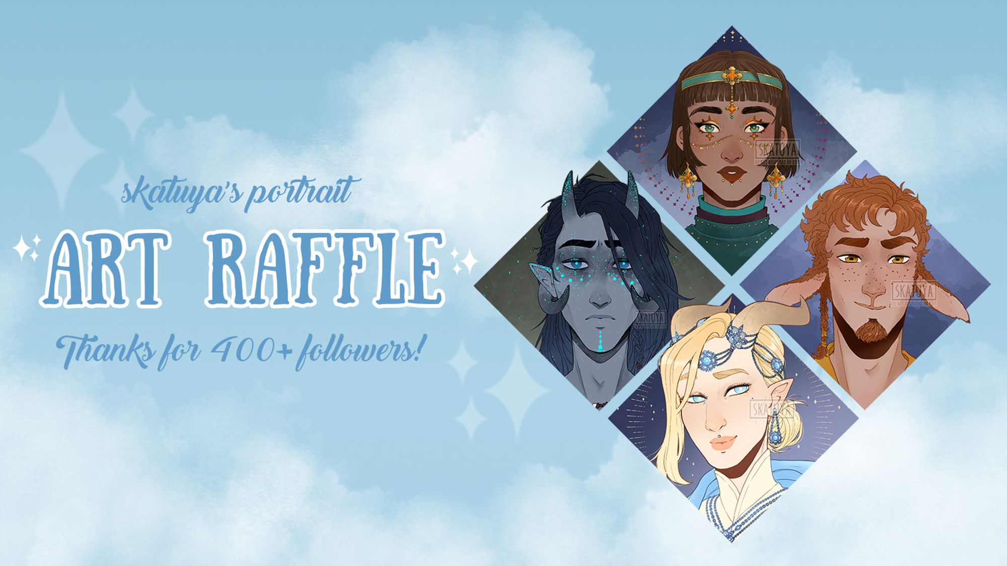 Art raffle announcement to celebrate 400 followers. Enter for a chance to win a character portrait.