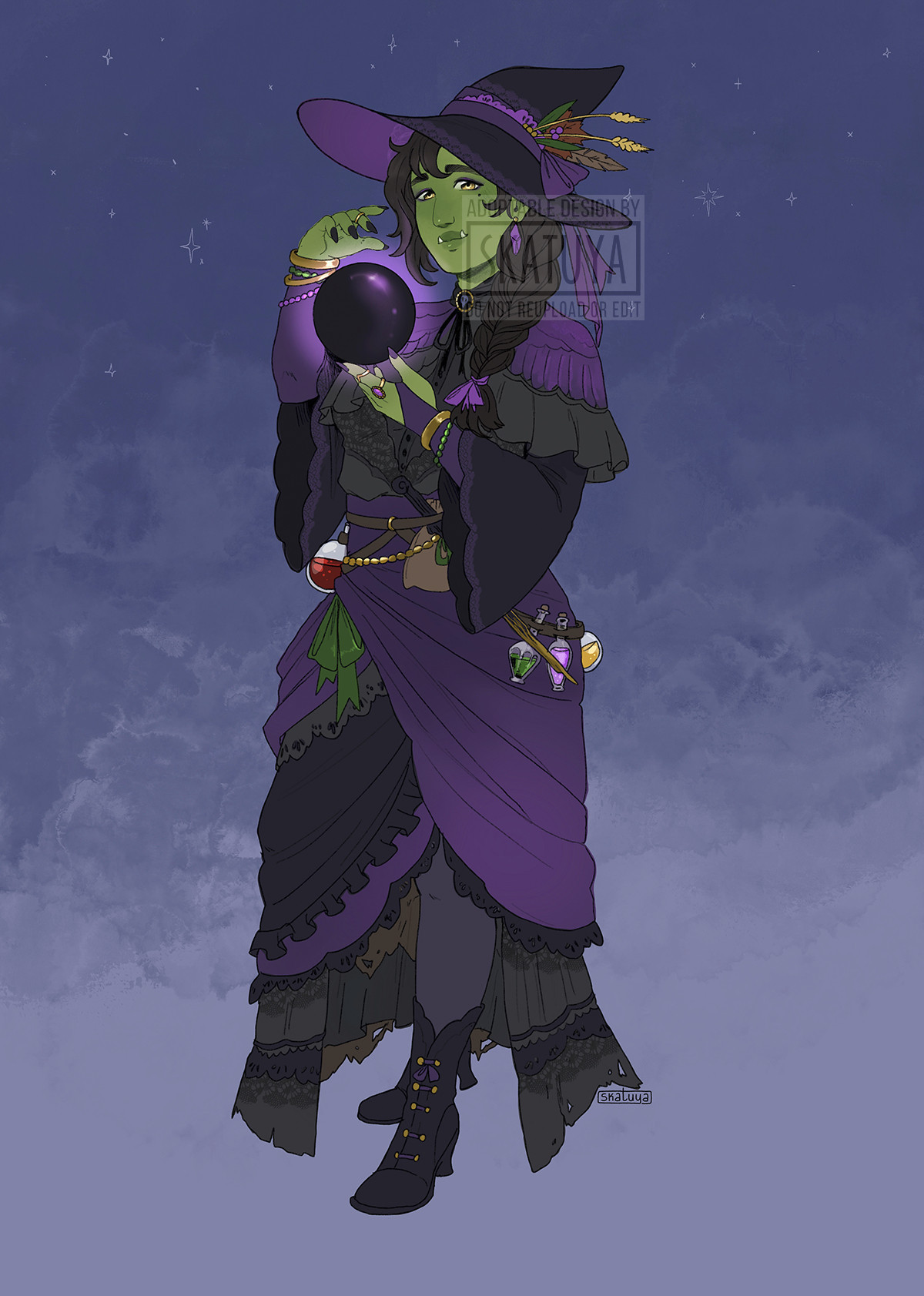 A classic Halloween witch-themed character adoptable with a fantasy twist. The character is a half-orc, with green skin and long braided dark brown hair, wearing purple and black clothes and a classic pointy witch hat. 