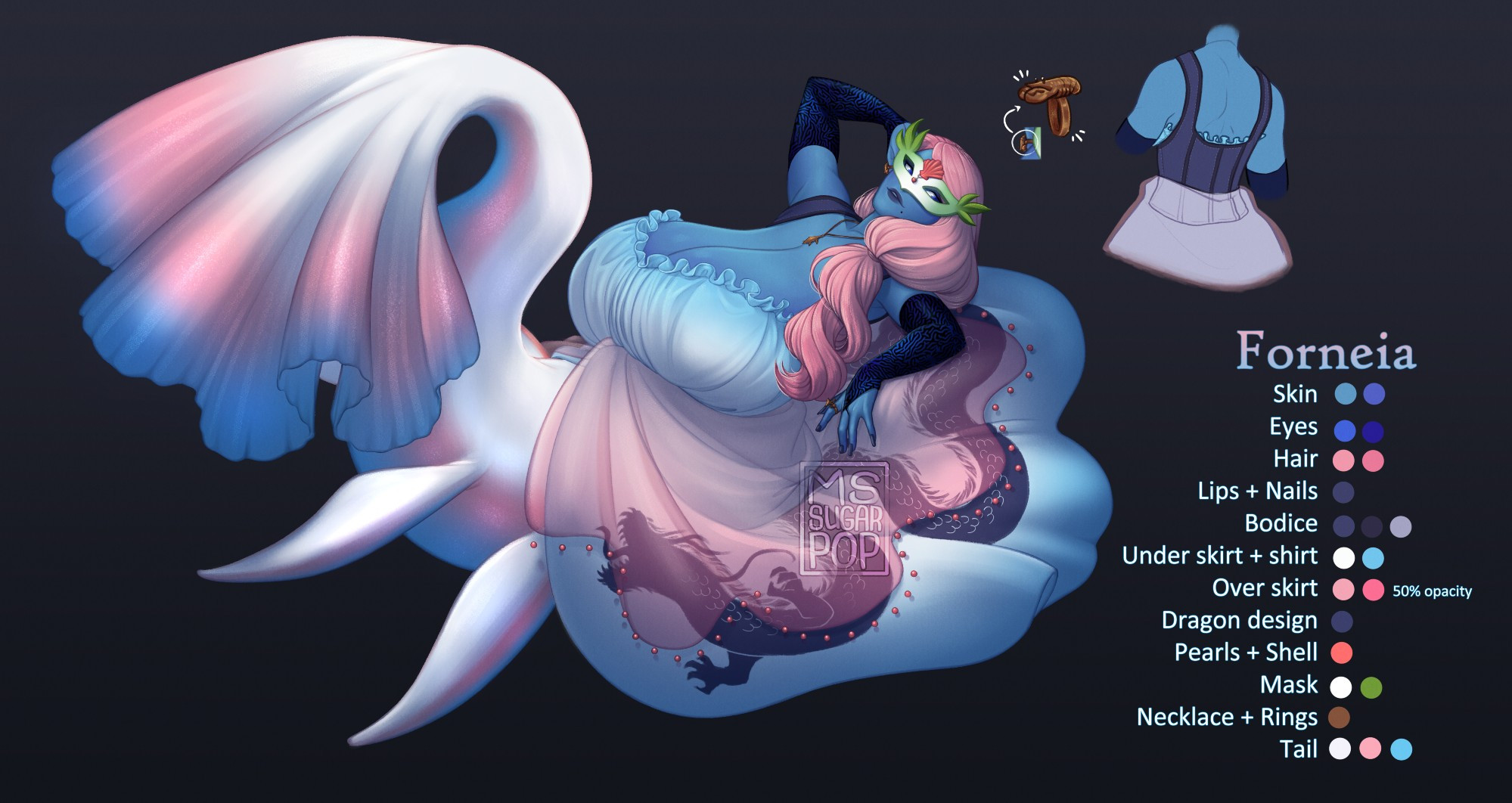 Concept image of the VTuber, Forneia. She is a blue-hue mammalian mermaid with pink hair, a kelp-themed mask, a white open-front dress, bronze jewelry of various depictions, and bridal gauntlets depicting a coral pattern. She has two sets of side flippers, and a tailfin that resembles a ballgown. It is difficult to see, but she wears a blue bodice over the dress.