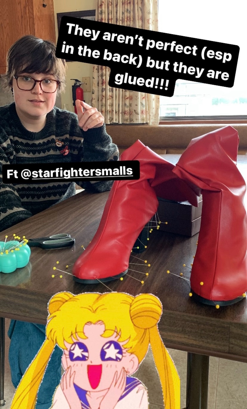 Sailor moon boots being glued with friends