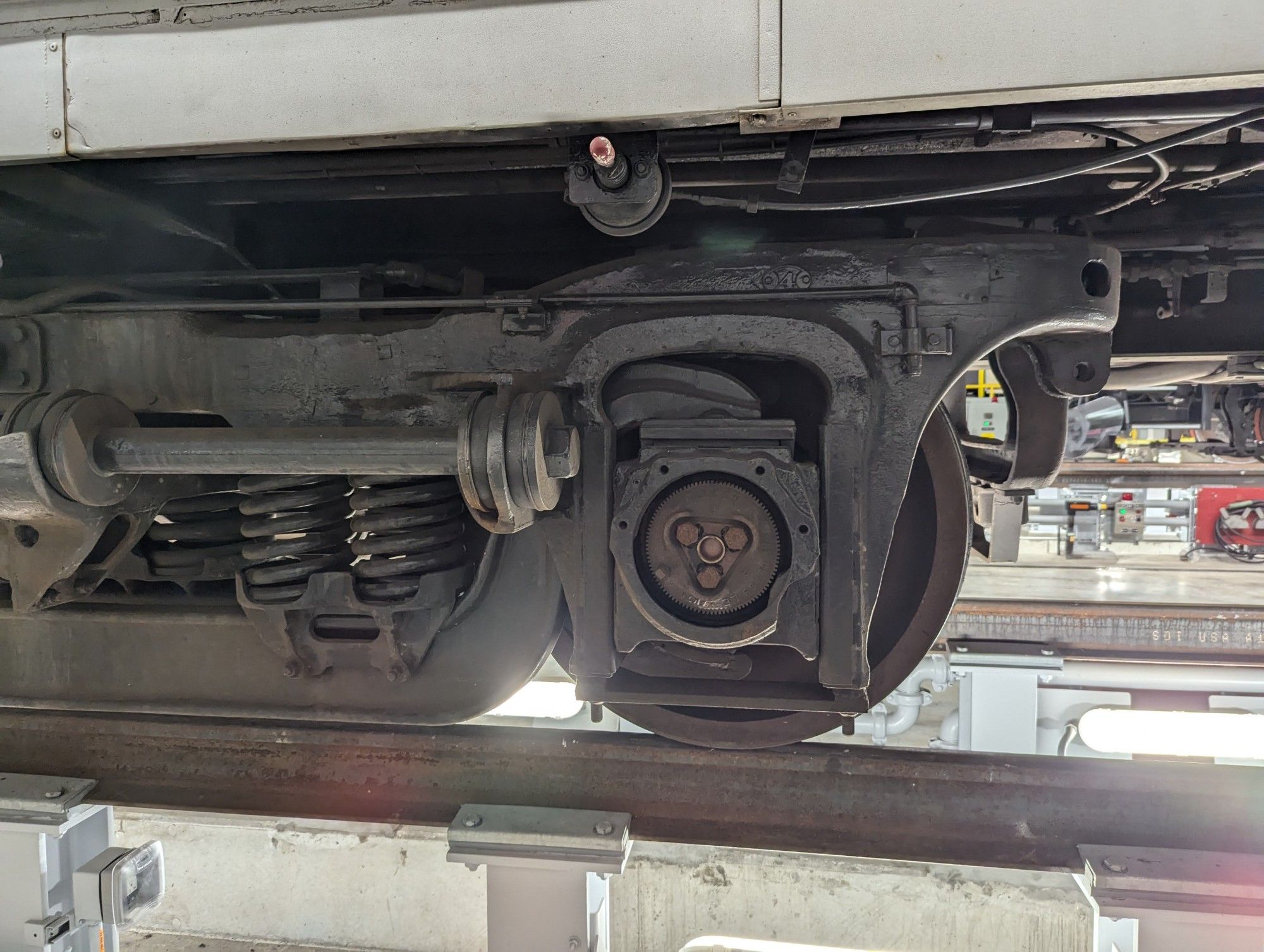 Close-up of the 1950s era trucks under Metro-North MN2 Inspection Car