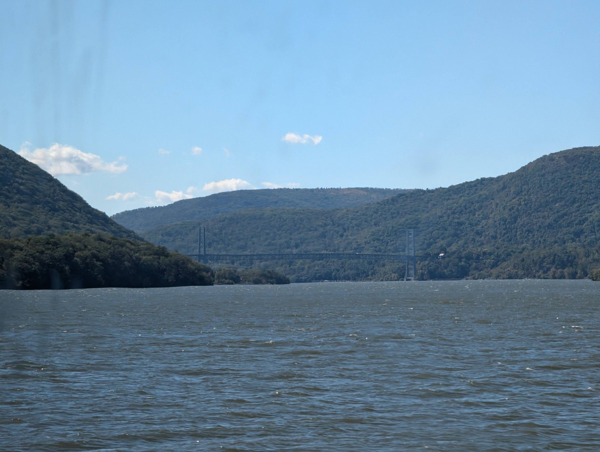 View of the Bear Mountain Bridge, surrounded by the Hudson Highlands, as viewed from the train running south back to Croton-Harmon.