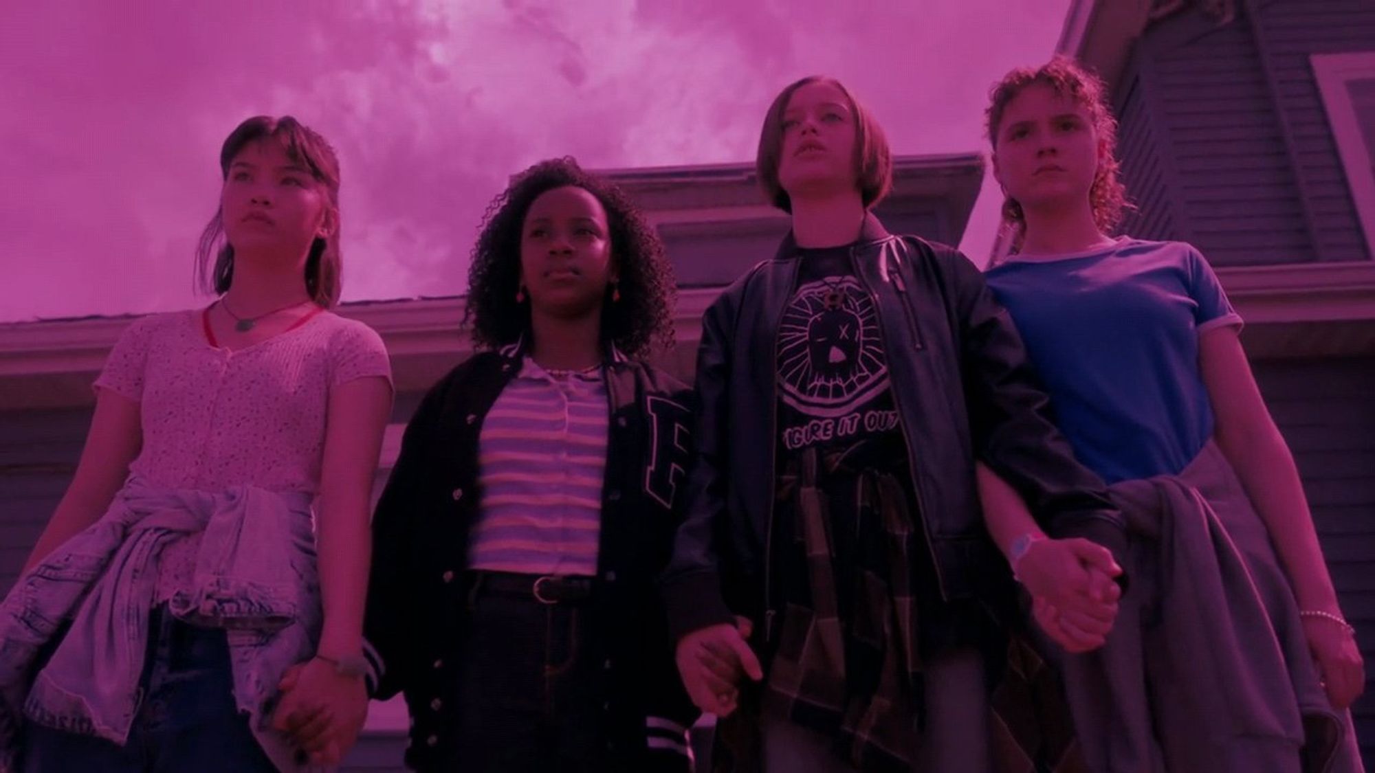 The titular characters of the Paper Girls TV series. Left to right: Erin, Tiff, Mac, KJ.