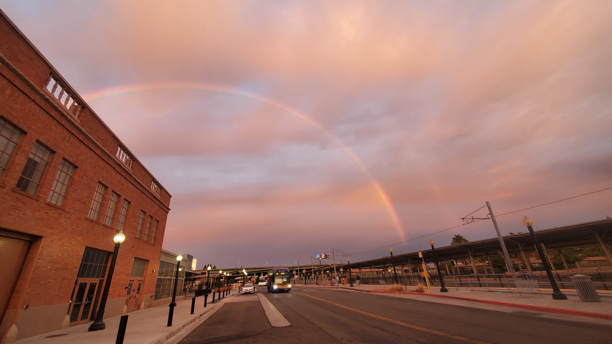 Rainbow arcing over the Sacramento Valley Station