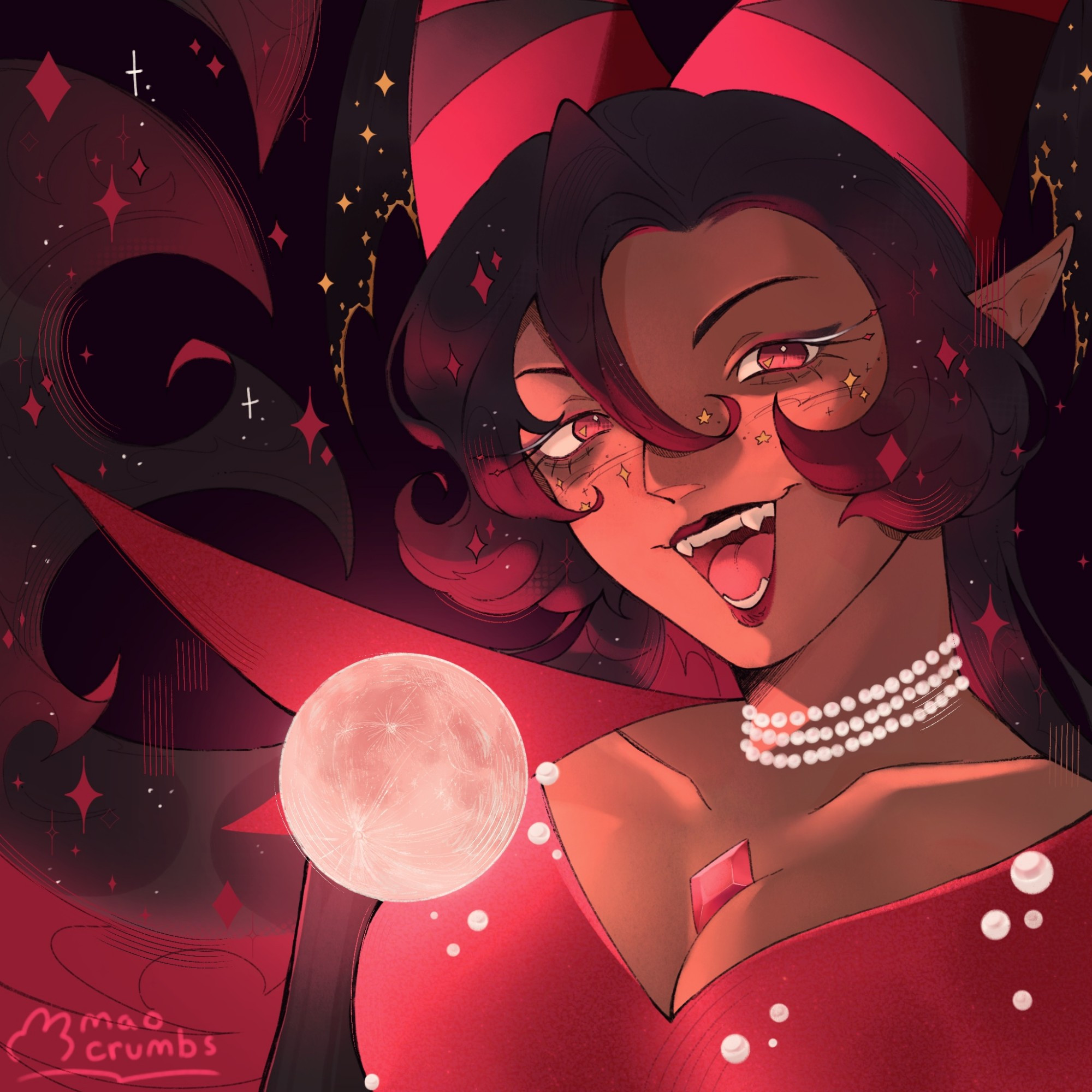 A drawing of Moonlight's Super Epic costume "Alluring Crescent Moon", with a red moon next to her.