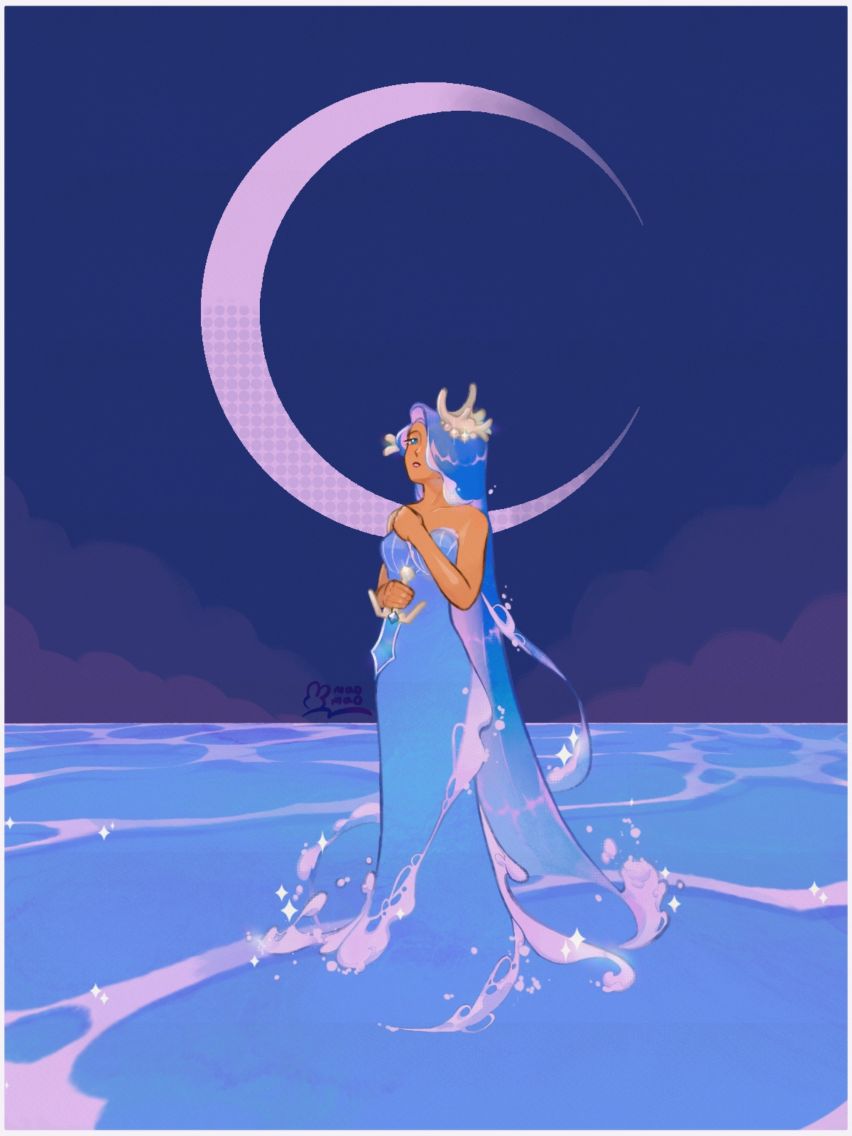 A drawing of Sea Fairy standing on the ocean infront of a crescent shaped moon