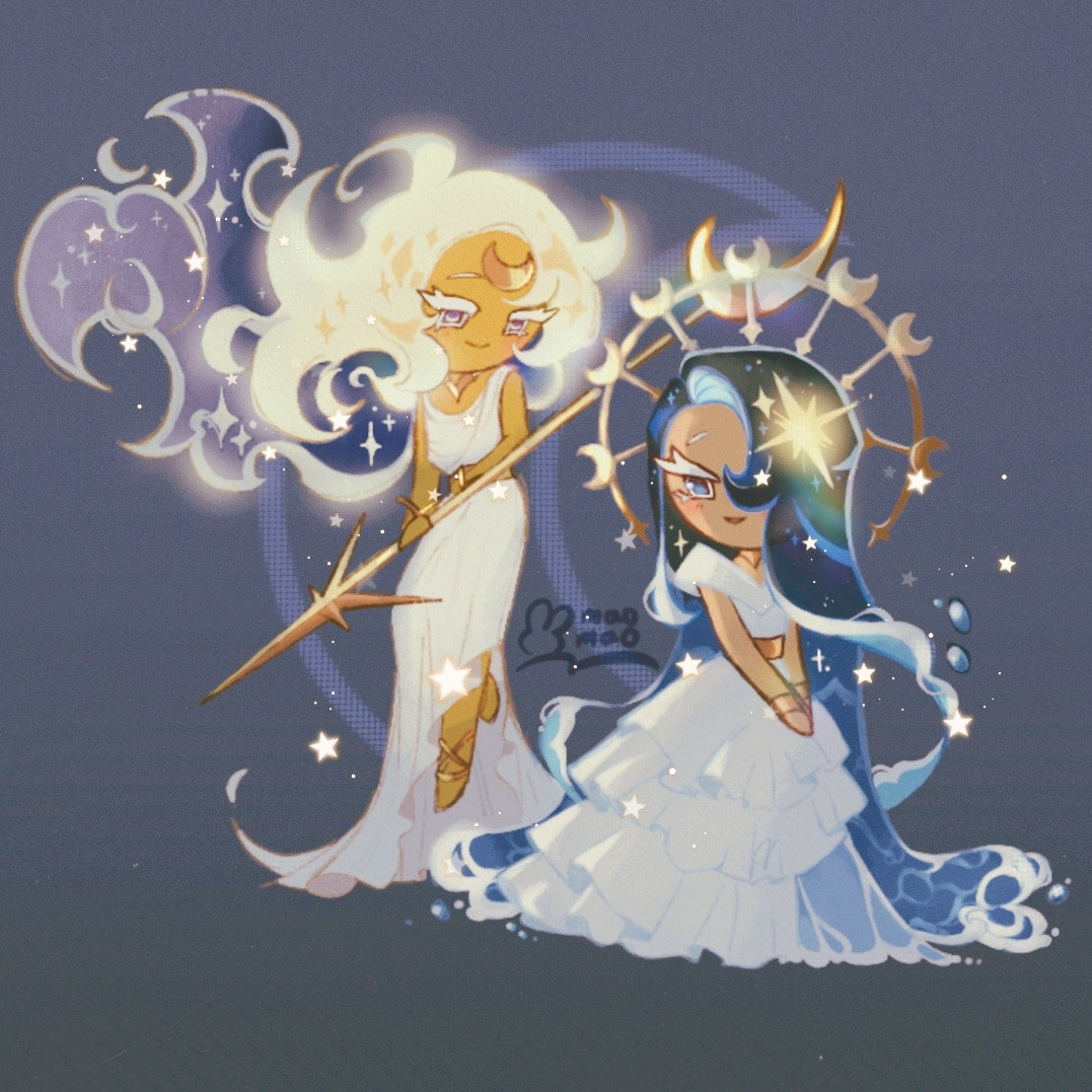 A drawing of the pair between Sea Fairy and Moonlight Cookie in their matching legendary costumes from CRK