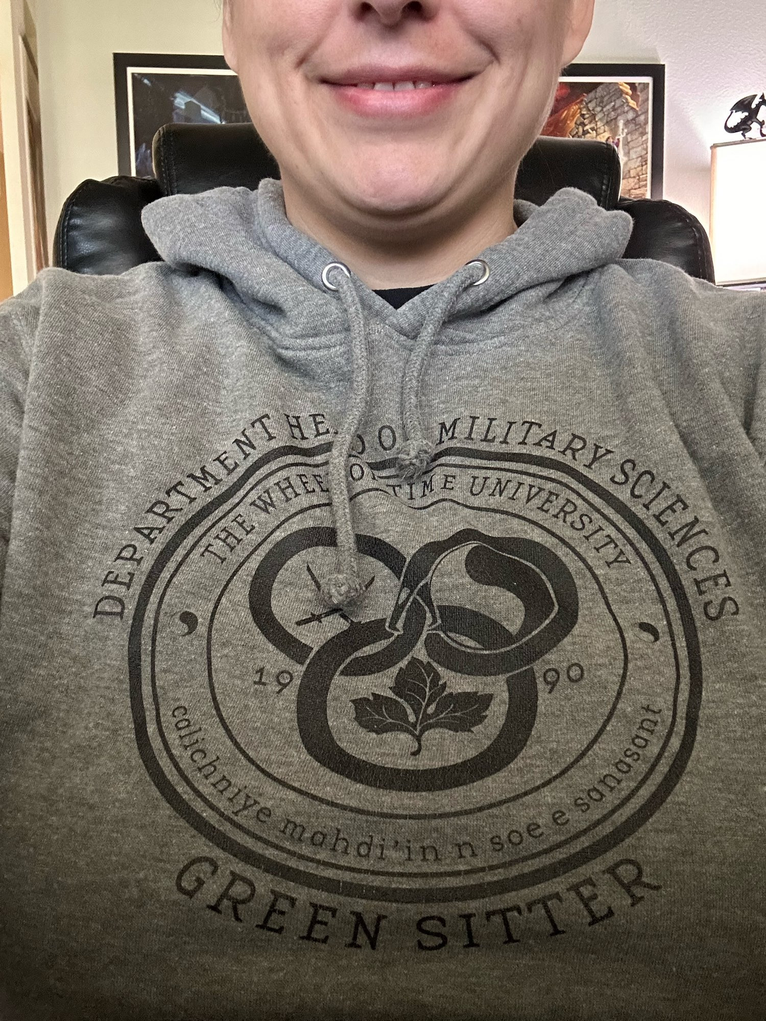 Picture of a gray wheel of time hoodie that says green sitter 