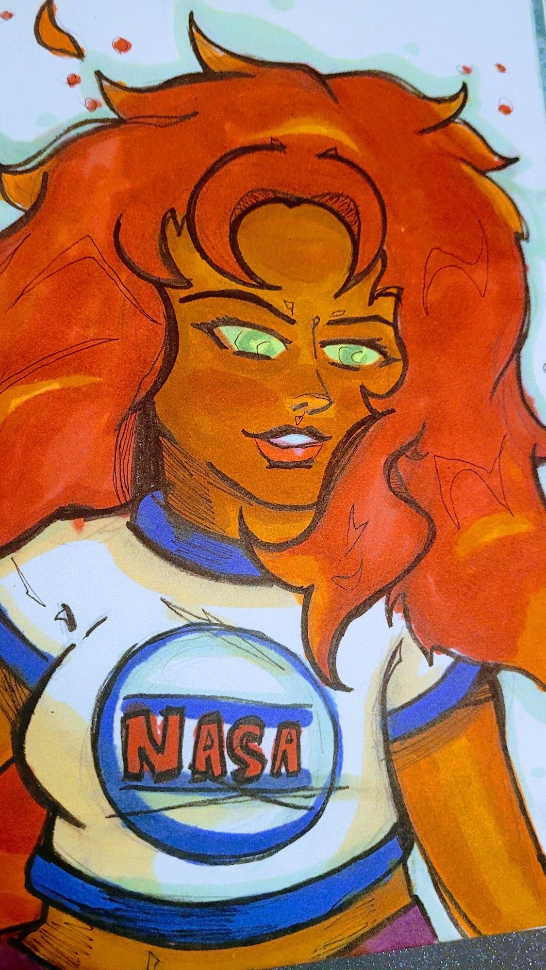 Starfire from Teen Titans. Based mostly on her comic appearances. Her hair is bright red and orange, and she's smiling.