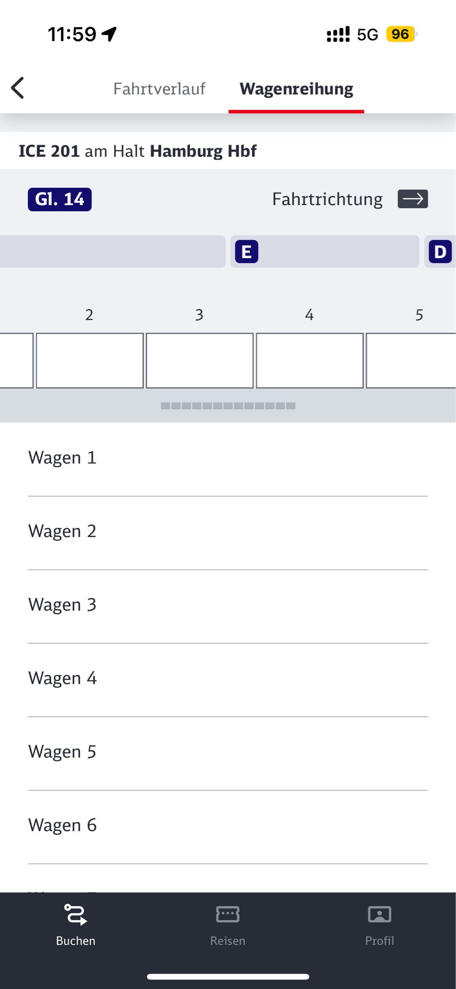 Wagenreihung in der DB-App zum ICE 201