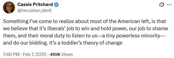 Tweet from Cassie Pritchard: "Something I've come to realize about most of the American left, is that we believe that it's liberals' job to win and hold power, our job to shame them, and their moral duty to listen to use -- a tiny powerless minority -- and do our bidding. It's a toddler's theory of change"