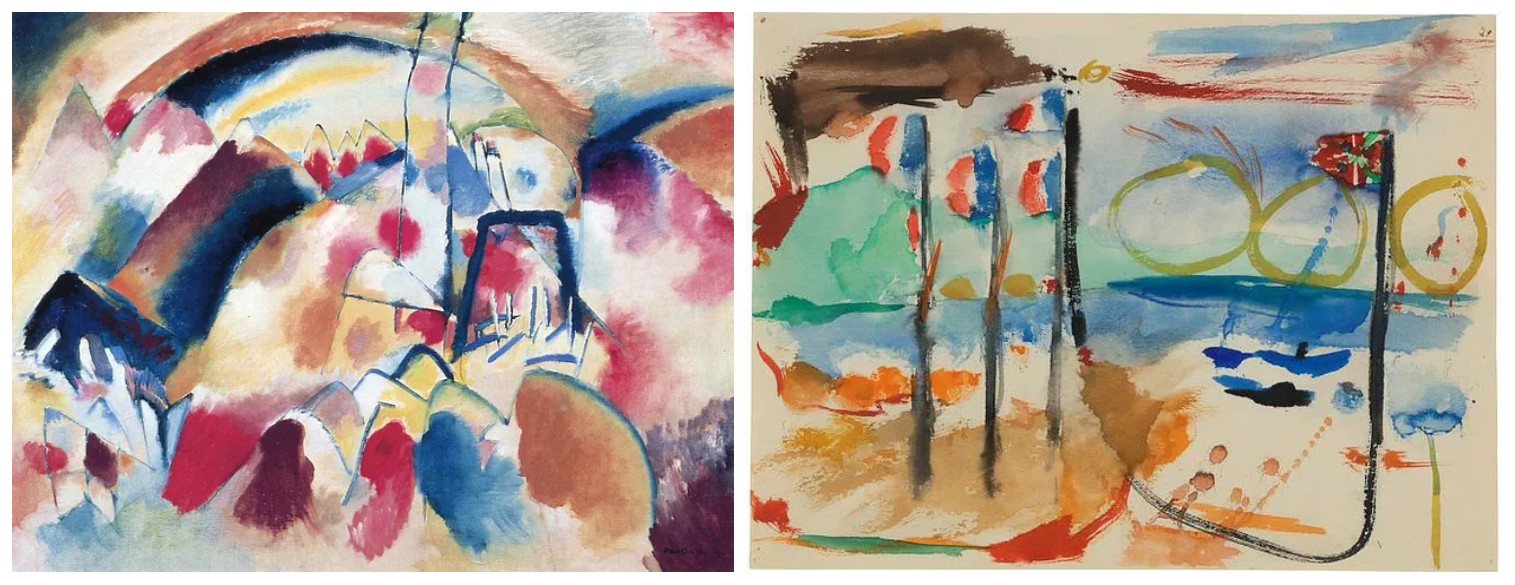 two paintings that initially appear very similar: ‘Landscape with Red Spots №1’ (1913) by Wassily Kandinsky and ‘Landscape, Nice France’ (1956) by Helen Frankenthaler