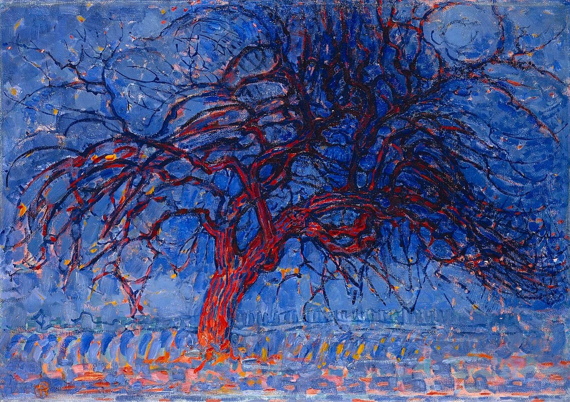 a vibrantly coloured (mainly blues and reds) Fauvist style painting of a tree