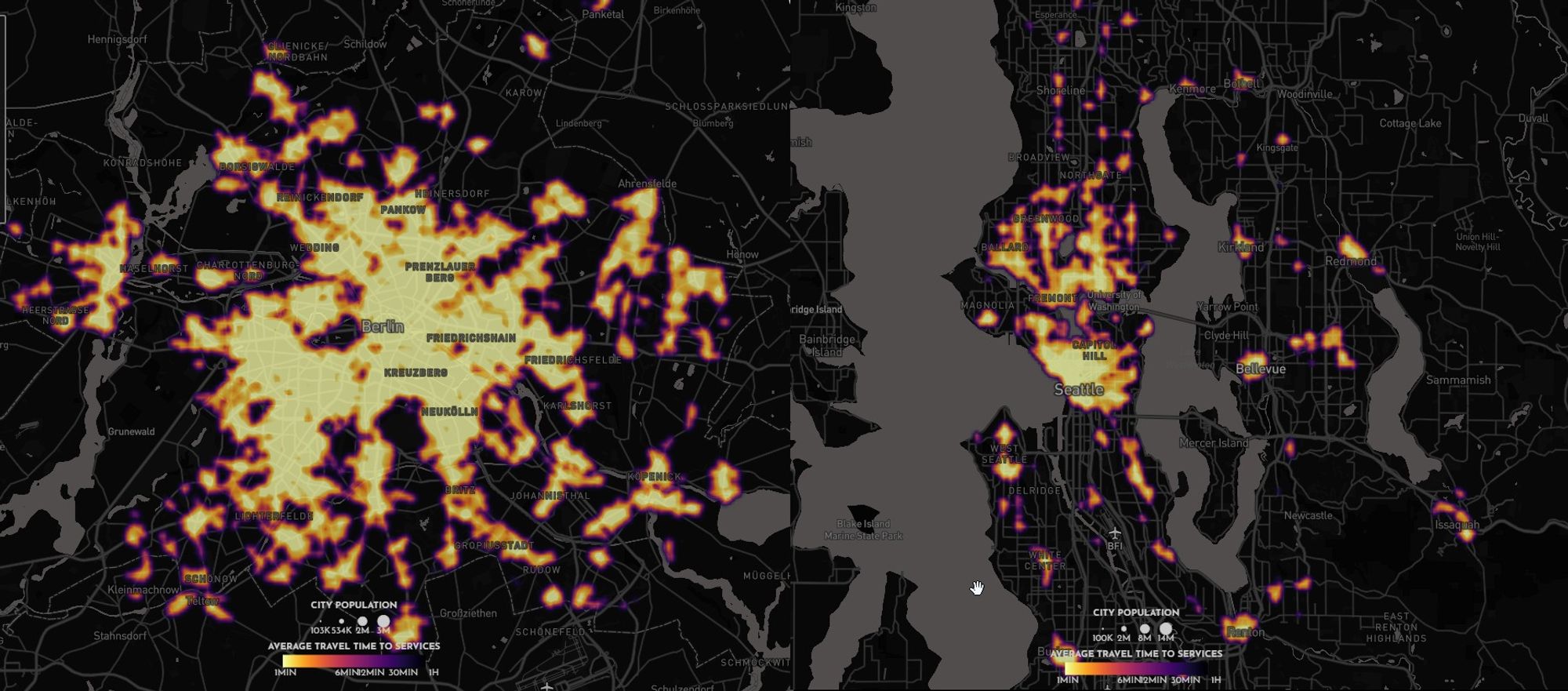 https://www.cityaccessmap.com/ showing access to services and resources in a 5-minute walk in Berlin vs Seattle. Berlin has much better overall accessibility throughout the entire city, where Seattle shows concentrated nodes of high access outside of downtown.