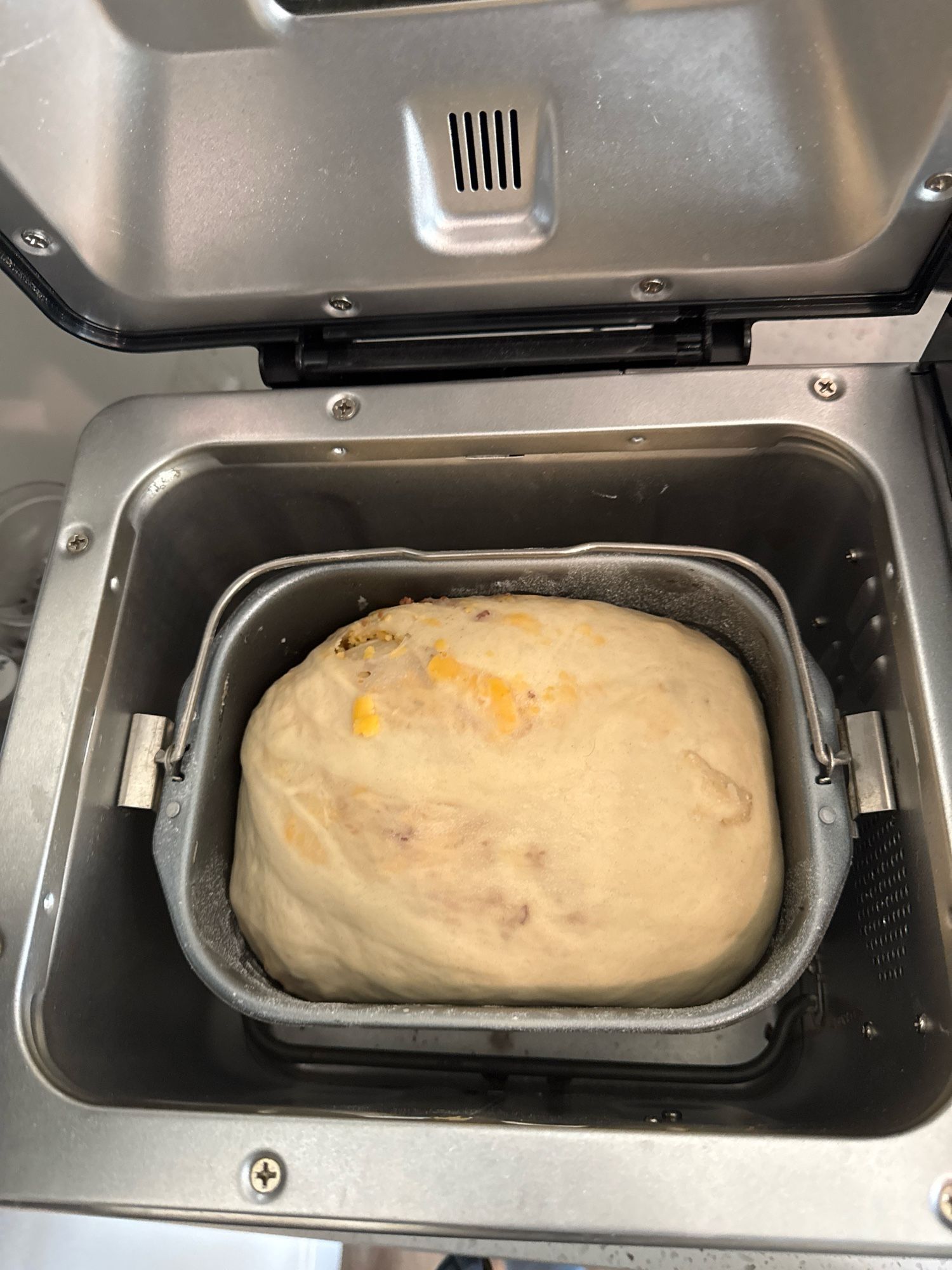 Picture of the interior of a metal bread making machine. Raw dough in loaf form inside loaf pan completing a rise.