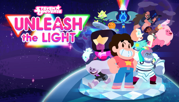 The promo image for Steven Universe: Unleash the Light! From left to right:
- Steven Universe: Unleash the Light logo
- Left-Middle: George
- Left- Bottom: Amethyst
- Left-middle: Garnet
- Left- top: Peridot and Pumpkin surfing on a trash can lid
- Middle-Top: Lapis
- Middle-Bottom: Steven
- Right-Bottom: Bismuth
- Right-Middle: Pearl 
- Right-Top: Connie riding Lion while pointing out a sword, and above her is Greg flying through the air with his electric guitar 