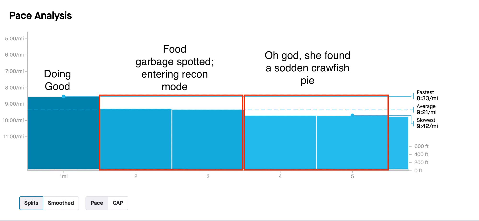 A strava pace map showing that I start out strong and devolve as my dog finds more food garbage to eat on our run.