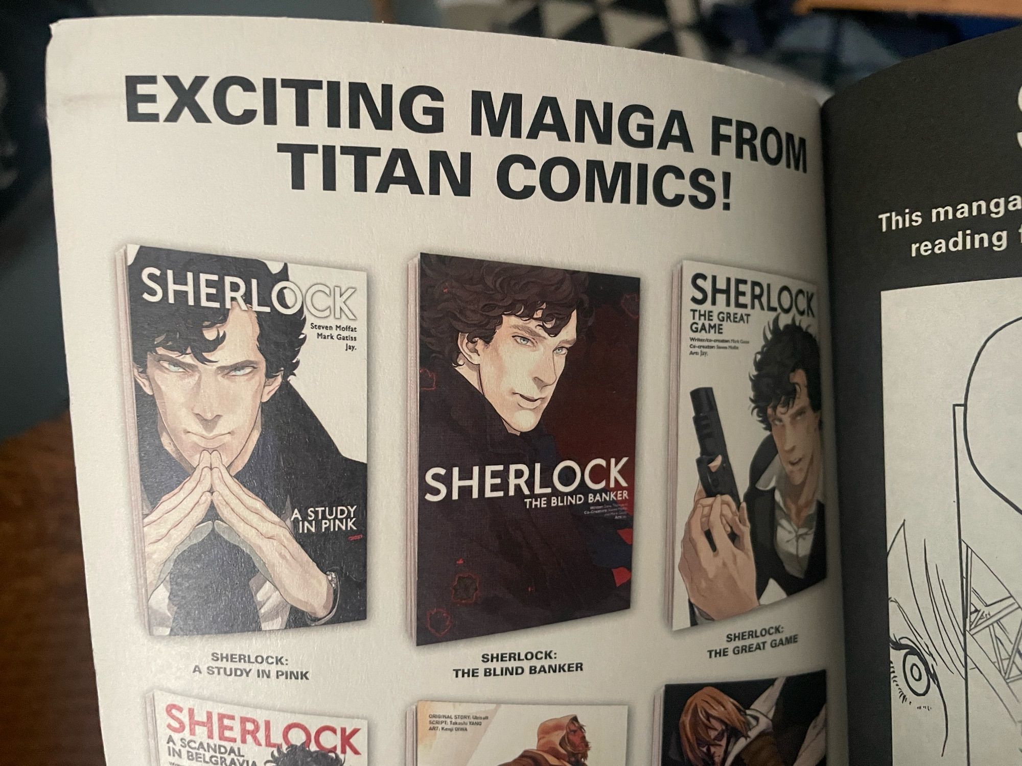 The advert reads: exciting manga from titan comics! Below are the covers of three BBC Sherlock mangas featuring anime Benedict Cumberbatch