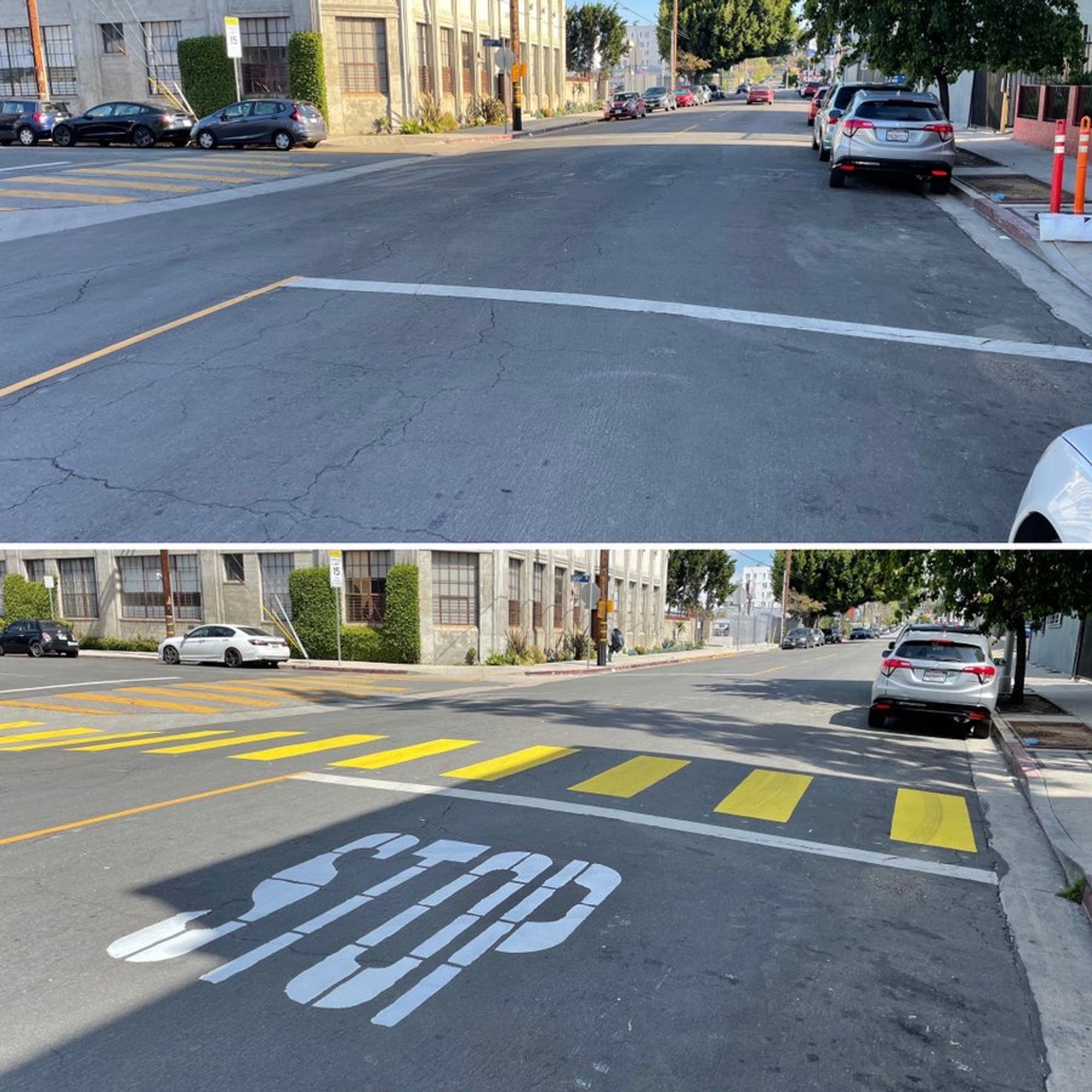 A before and after shot of an intersection: Top shows the intersection with an unmarked crosswalk. Bottom shows the intersection with a marked yellow crosswalk and STOP letters stenciled in white. 