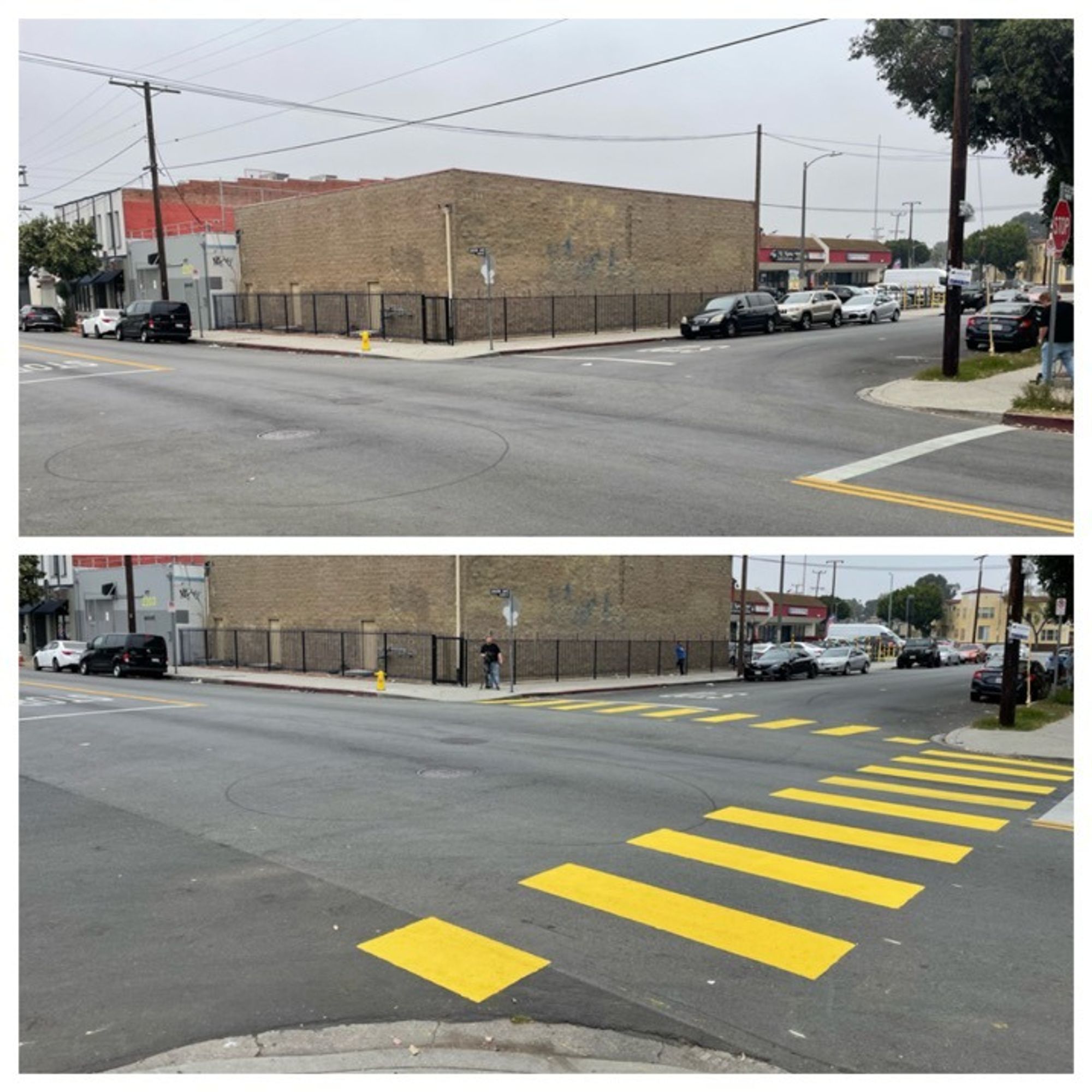 A before and after shot: Top photo shows an intersection without painted crosswalks. Bottom photo shows the same intersection with two yellow crosswalks. 