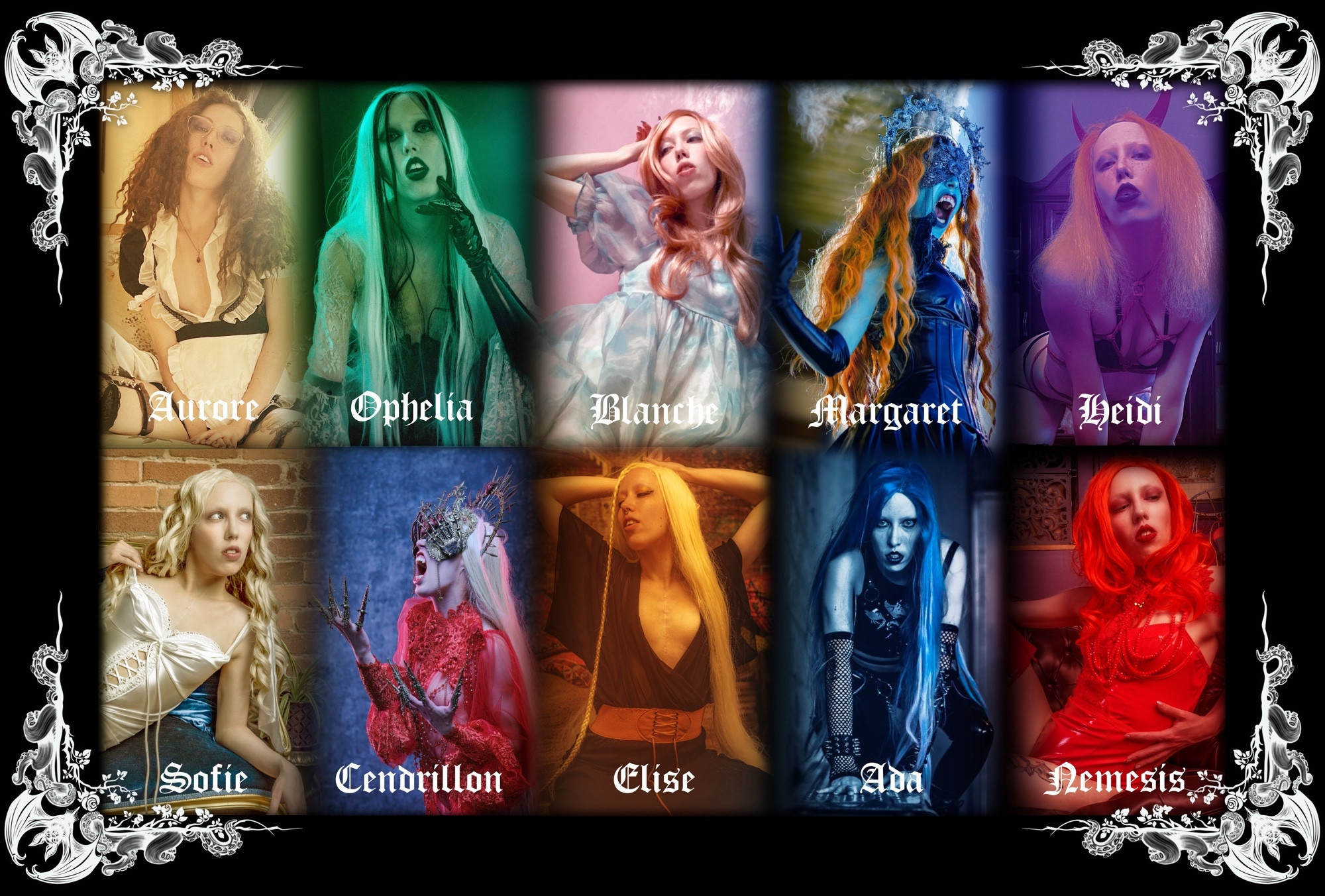 A Collage of different Characters from the Realm of Lady Eve in the following order:

Aurore, Ophelia, Blanche, Margaret, Heidi, Sofie, Cendrillon, Elise, Ada, Nemesis
