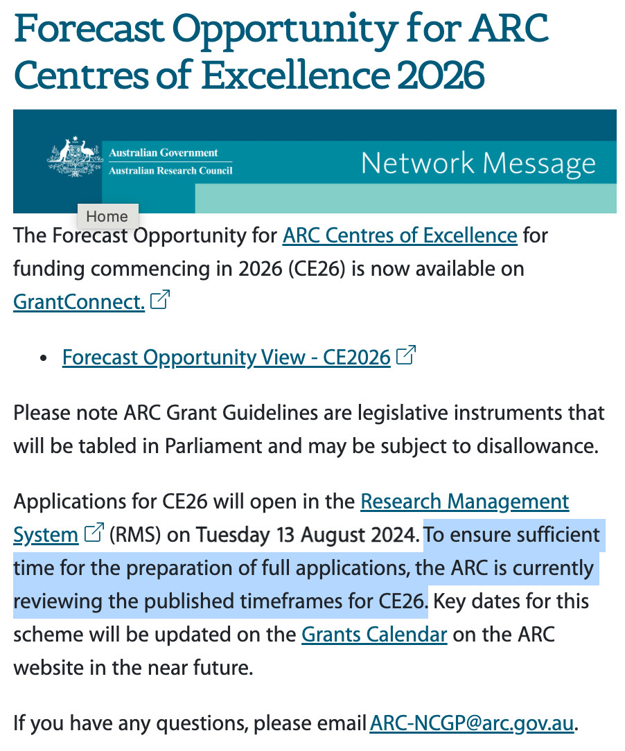 Screenshot of ARC Network Message page showing their "Forecast Opportunity" for Centres of Excellence to open on 13 August 2024, but with the time-line for full applications under review.