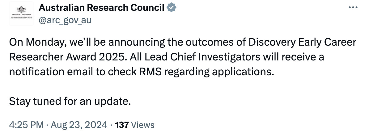 Screenshot of tweet from the ARC announcing that DECRA outcomes will be announced on Monday 26 August 2024.