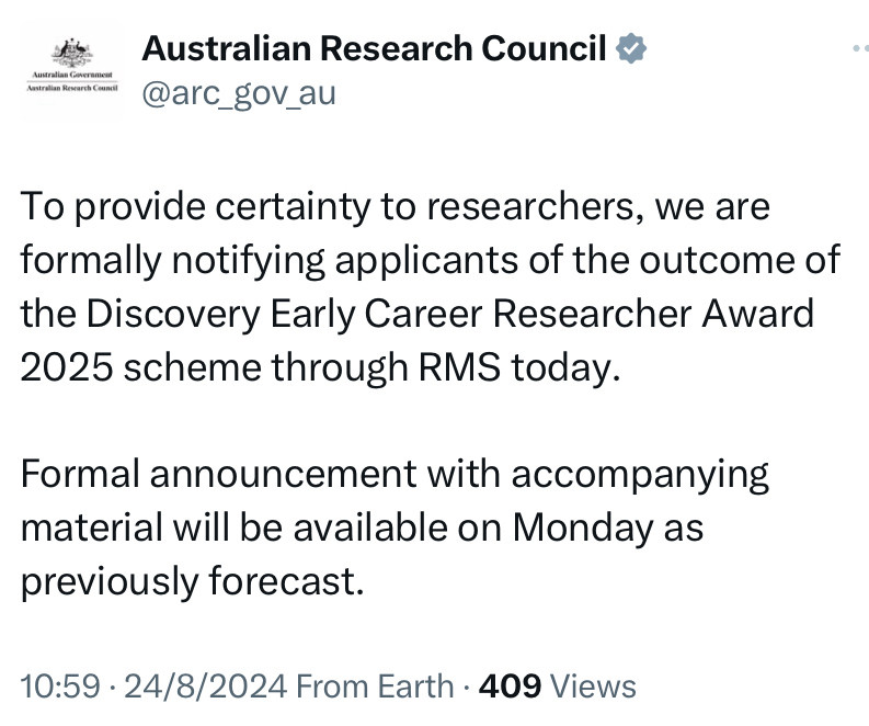 Screenshot of tweet from the ARC announcing that they’re letting all DECRA applicants know their outcome in RMS today.