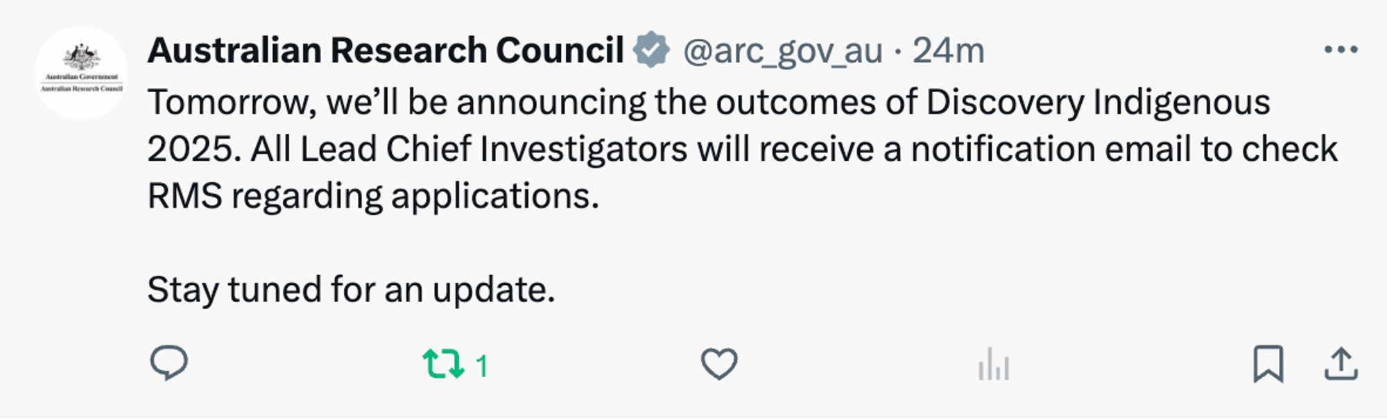 Screenshot of tweet from the ARC saying they will announce outcomes for the Discovery Indigenous scheme tomorrow (19th September 2024).