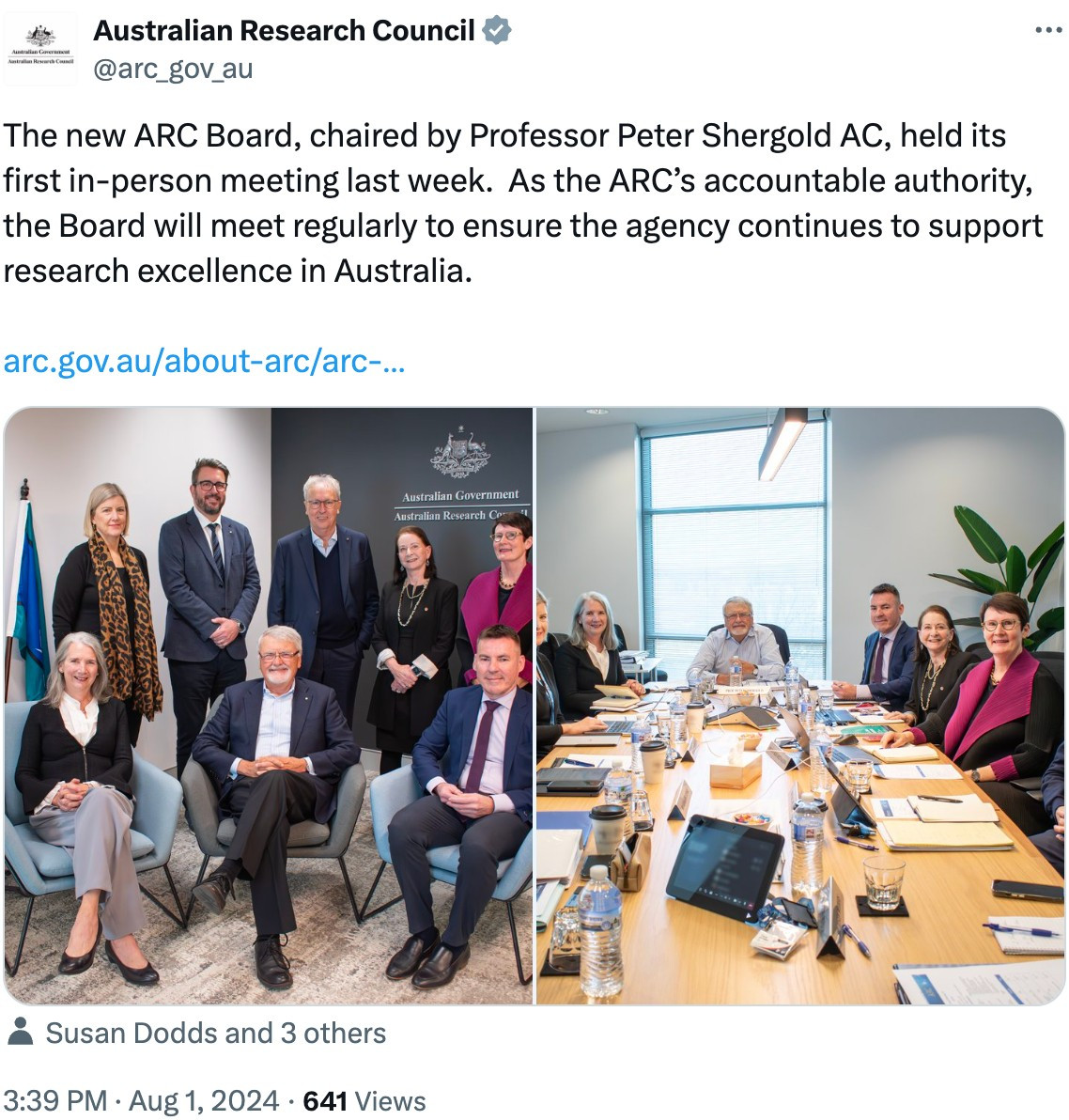 Screenshot of tweet by ARC saying that the ARC Board met in-person for the first time today, with a couple of pictures of them posing the Acting ARC CEO.