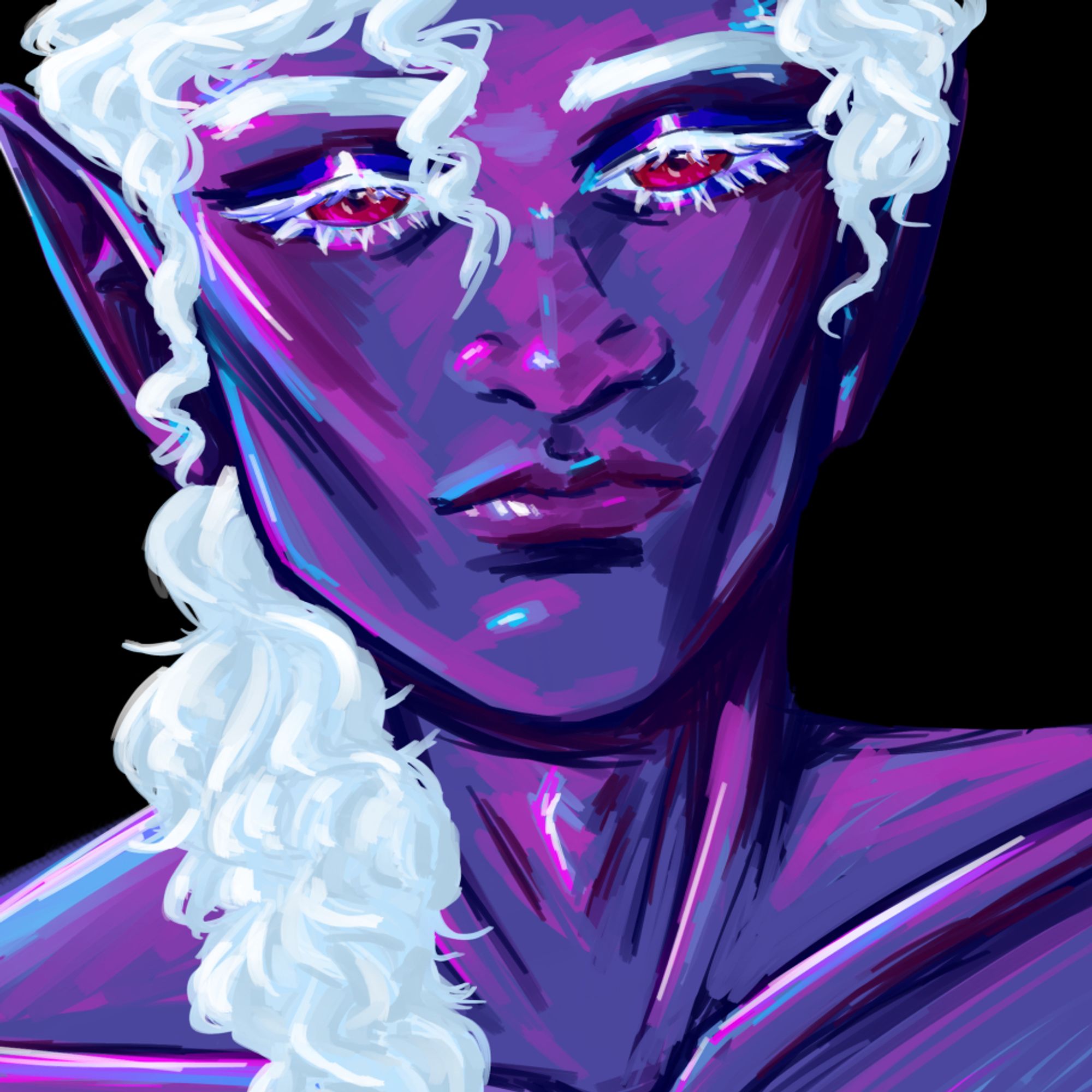 A colorful, high-contrast digital painting of a drow (a dark elf) with purple/blue skin, red eyes, and long, curly white hair.