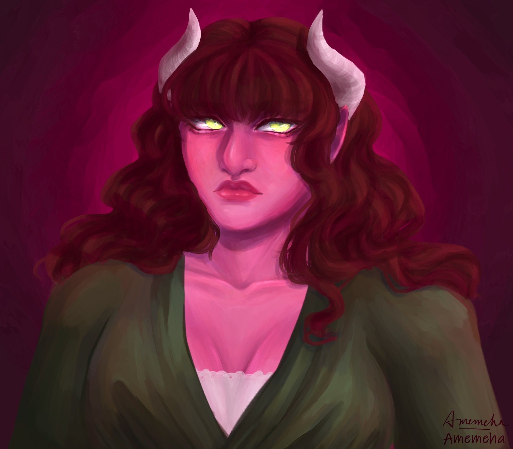 A digital painting of a tiefling woman, a fantasy race from the game Dungeons & Dragons, with pink skin, glowing green eyes with cat-like pupils, and long, wavy brown hair with bangs. She has two short, curved white horns and is wearing a green and white top. The background is a blended red.