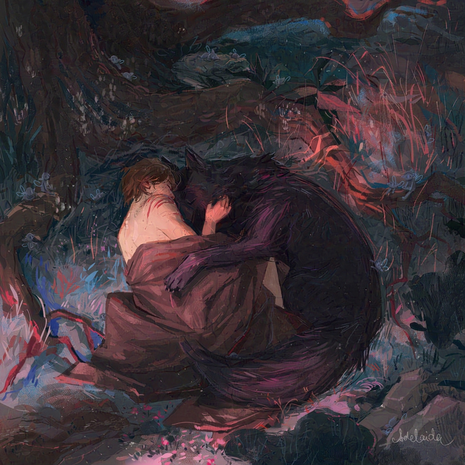 Artwork of two characters sleeping together on a forest floor - a human with a scratched bloody shoulder and a big black dog. The boy is Remus Lupin from Harry Potter series, the dog is Sirius Black in his animagus form.