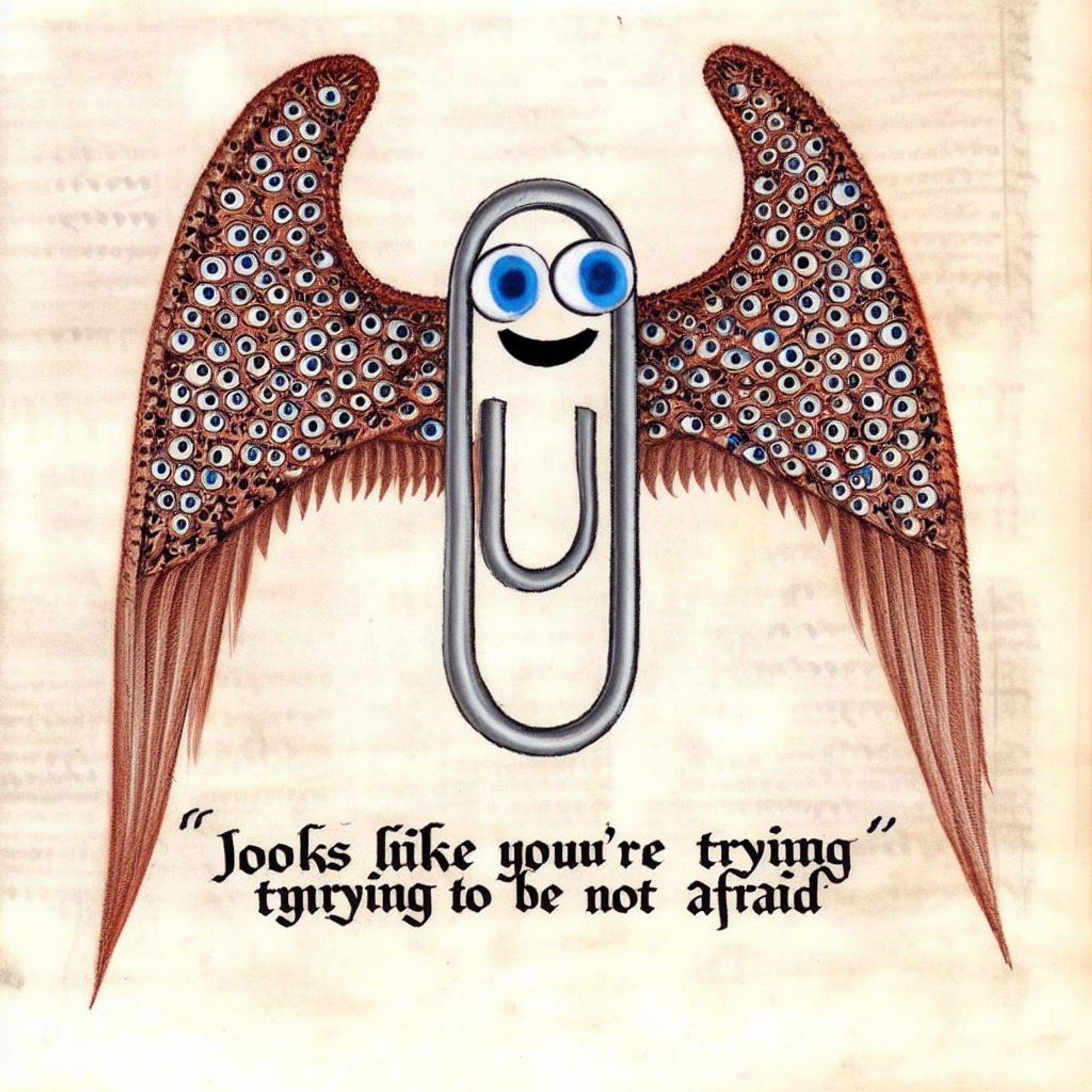 a paperclip with big eyes and wings with lots of eyes on a manuscript page

underneath it says "looks liike youu're trying tyirying to be not afraid"