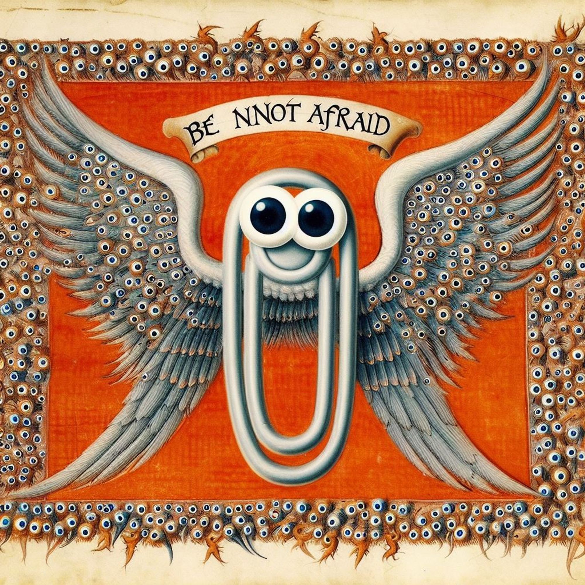 a happy-looking paperclip on a manuscript page with big eyes and wings covered with eyes and a border surrounded by eyes

above it says on a scroll "be nnot afraid"