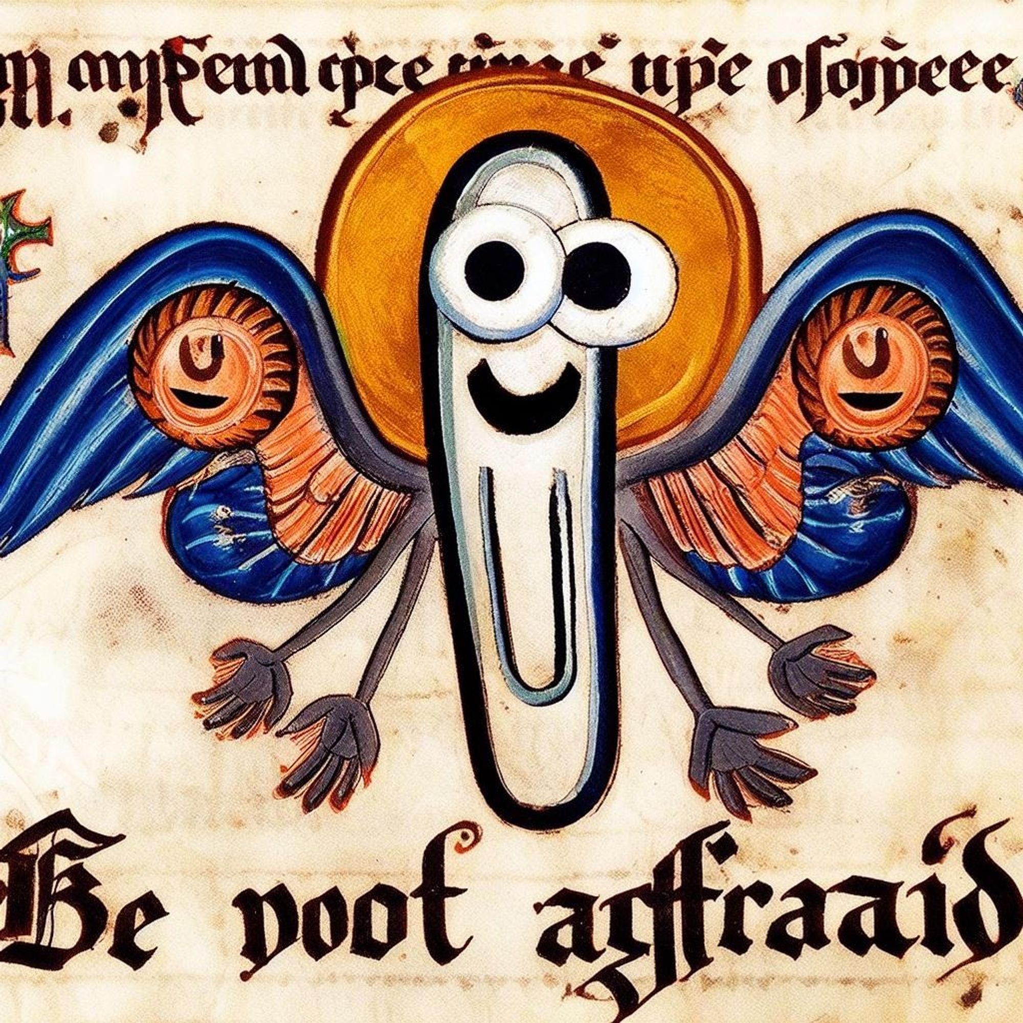 a goofy-looking paperclip on a manuscript page with big eyes and a halo and wings and four arms

underneath it says in blackletter "be noot arffraaid"