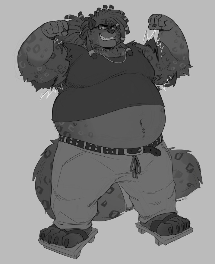 Tondro (A bulky, big bellied anthro jaguar) flexing his arms and destroying the sleeves of his t-shirt to make it sleeveless. 