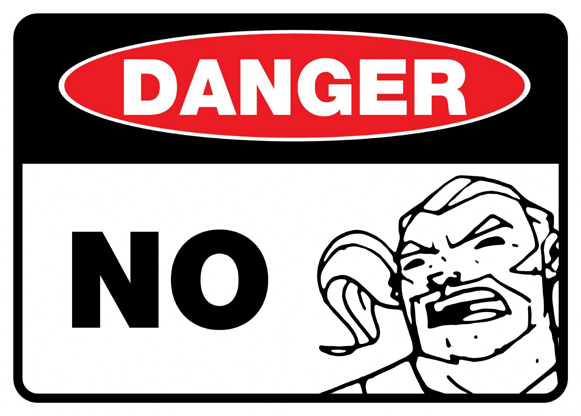 Warning sign that says danger in a red oval under that is “NO” and a black and white line art of Phil’s avatar