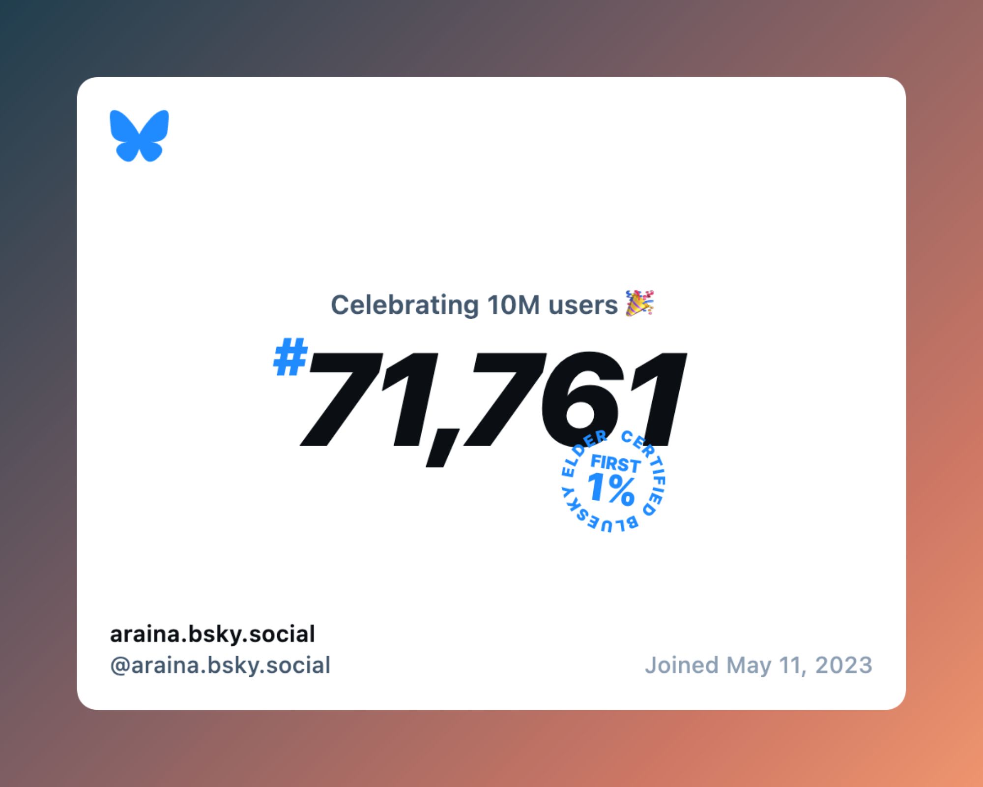 Celebrating over 10 million  bluesky users.  I was #71,761 in the  first 1% joined may 11, 2023