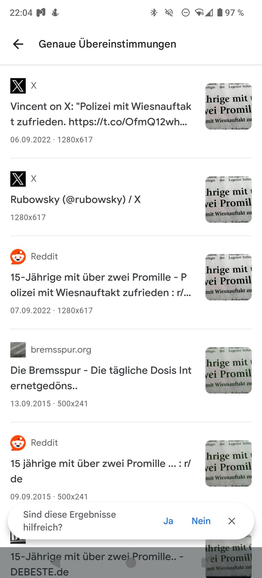 Screenshot, das die Artikelüberschrift des Ursprungsposts schon in diversen Posts auf verschiedenen Foren 2015 und 2022 zeigt