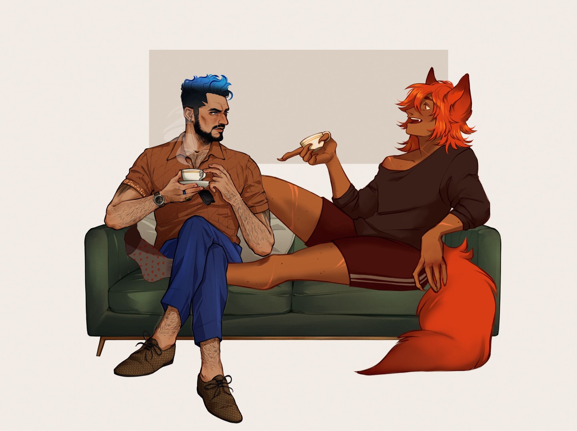 2 figures on a green couch holding tea cups. On the left, Azreal, looking annoyed. On the right, Kip, a fox man, chatting away. His left leg is over the back of the couch, and his right is tucked under Az's legs.