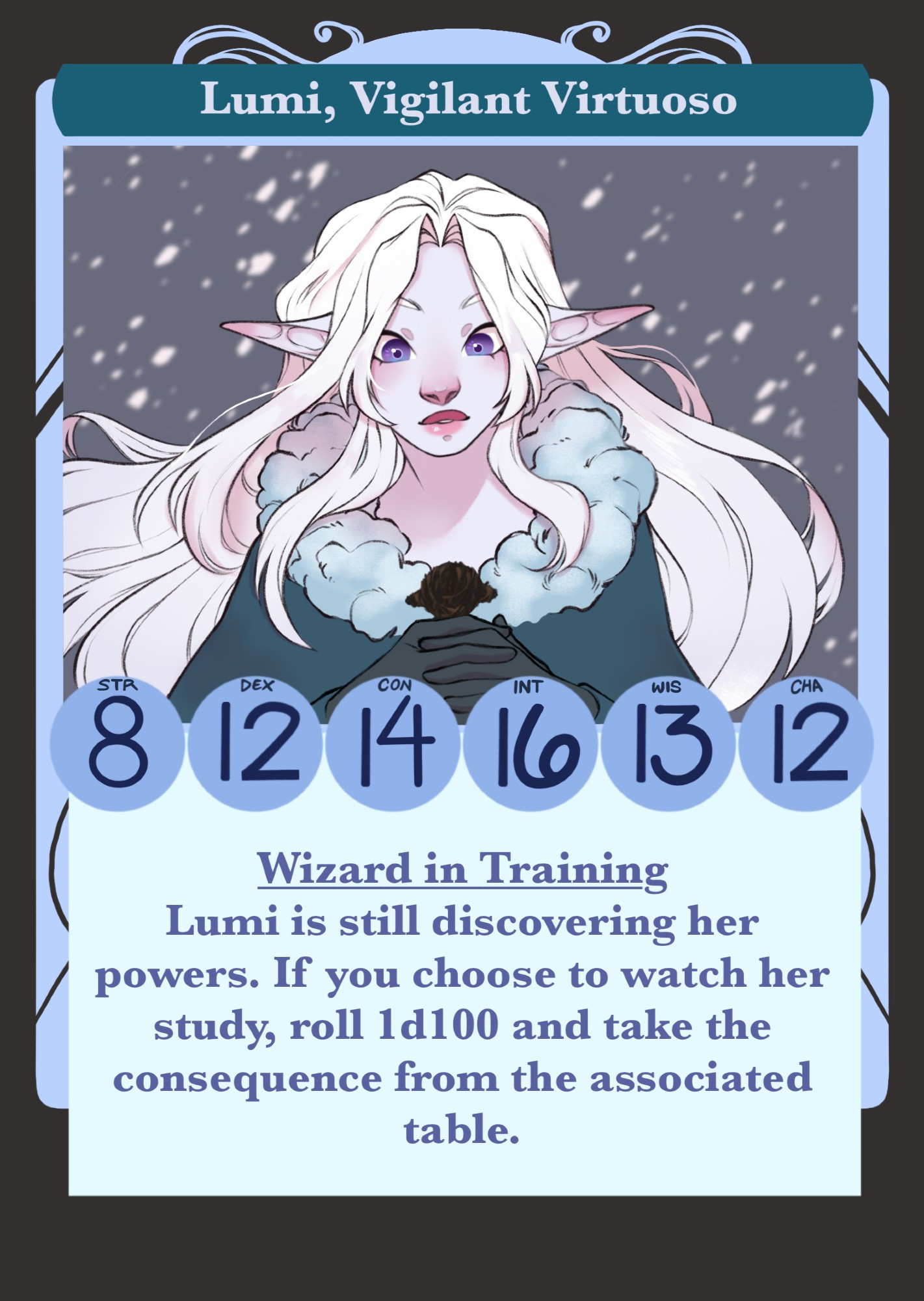 Lumi, a winter eladrin. She is pale lilac, with long white hair and violet eyes. She wears a heavy furred cape.